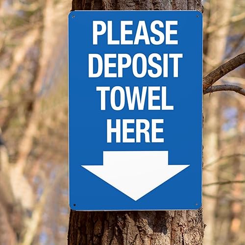 Miniatura 6 de Letrero de advertencia con texto en inglés "Please Deposit Towel Here with Downward Arrow Rules", letrero de advertencia retro de aluminio, letrero