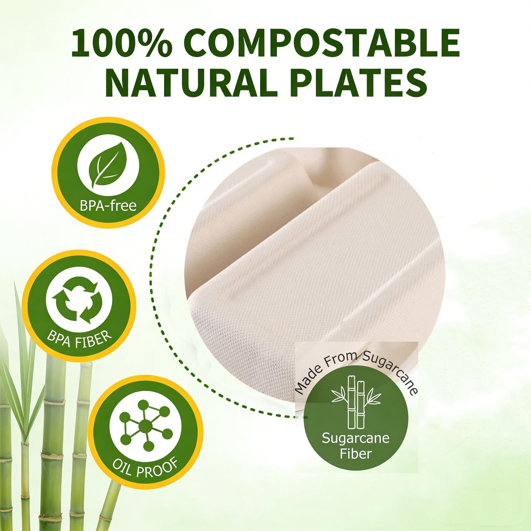 Paquete de 50 platos de papel compostables, plato de compartimento de caña de azúcar resistente, bandeja dividida apta para microondas para adultos, para preparación de comidas, bufés