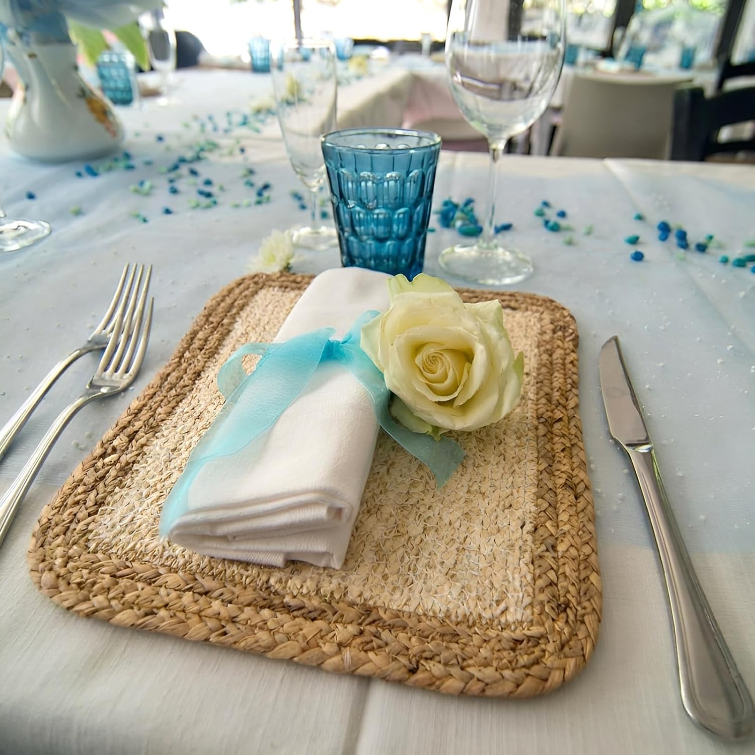 Woven Placemats Set of 6 17" x 12" Rectangular Rattan Placemats Table Mats Natural Water Hyacinth and Corn Husk Handmade Farmhouse Boho Spring Plate Chargers for Dining Table Home Wedding