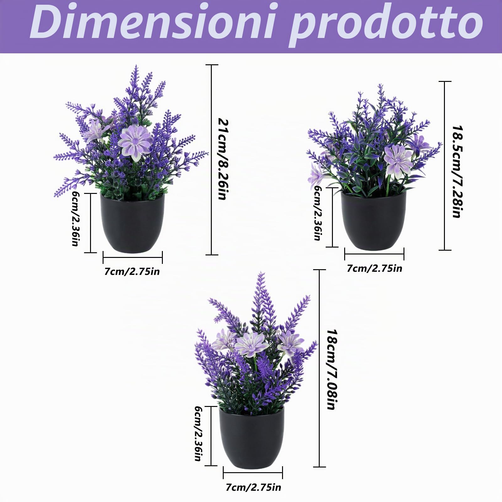 3 Pz Fiori Finti Che Sembrano Veri, Piante di Lavanda Fiori Artificiali, Lavanda Pianta Artificiali in Vaso per camera da letto, soggiorno, bagno, ufficio, davanzale, decorazione d'interni