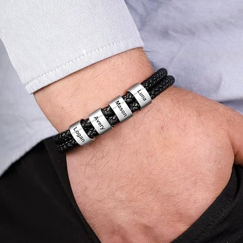 Miniatura 2 de Pulsera trenzada negra personalizada para hombre, pulsera personalizada con 1-8 cuentas personalizadas, nombres de la familia, joyería para hombres