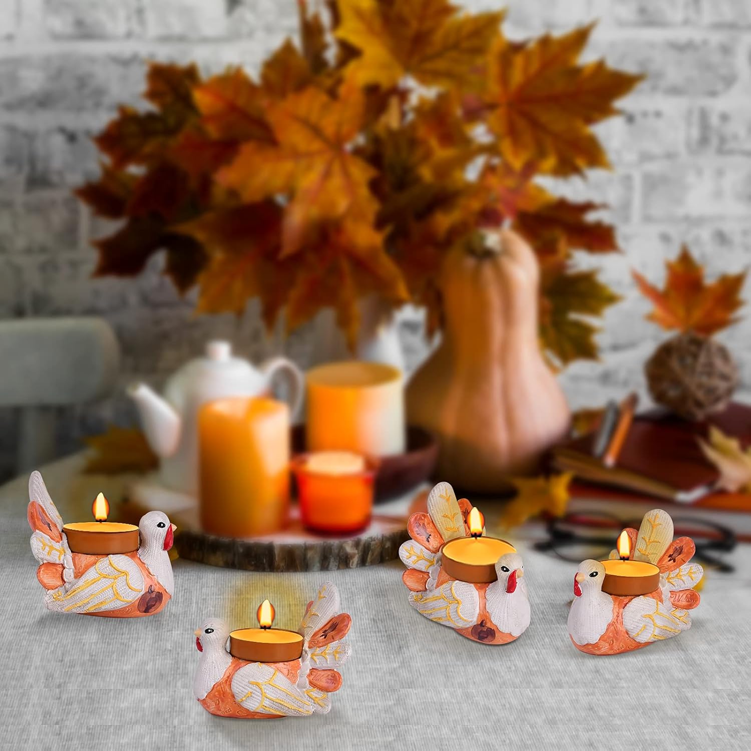 Set of 4 Turkey Tealight Candle Holders,Thanksgiving Decorations Candle Holders for Table,Unique Tabletop Decor Tea Lights Holder,Vintage Decoration for Home Window Fireplace Party Farmhouse : Home & Kitchen