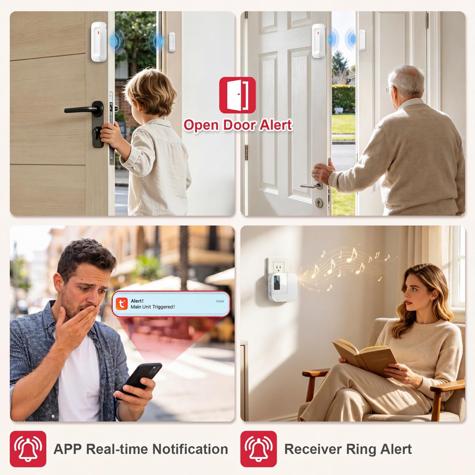 Sanjie Sensor de alarma de puerta, timbre de alarma de apertura de puerta WiFi al entrar para negocios, hogar, tienda, oficina, alerta de tu teléfono, alarmas para seguridad de niños, rango de 500