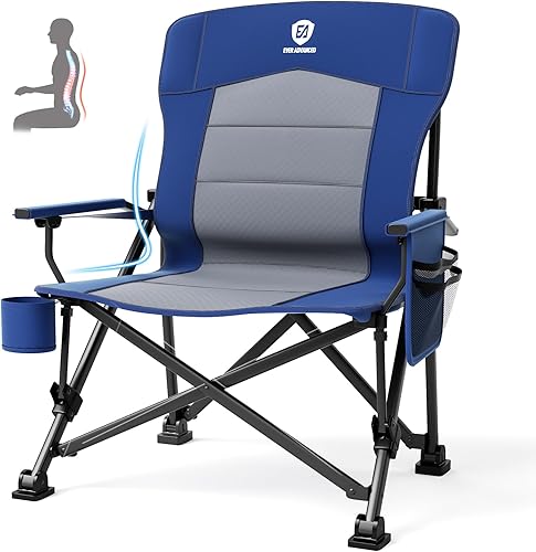 EVER ADVANCED Oversized Folding Camping Chair for Adults with Adjustable Lumbar Support, Heavy Duty Chair with Side Pockets, Portable Collapsible
