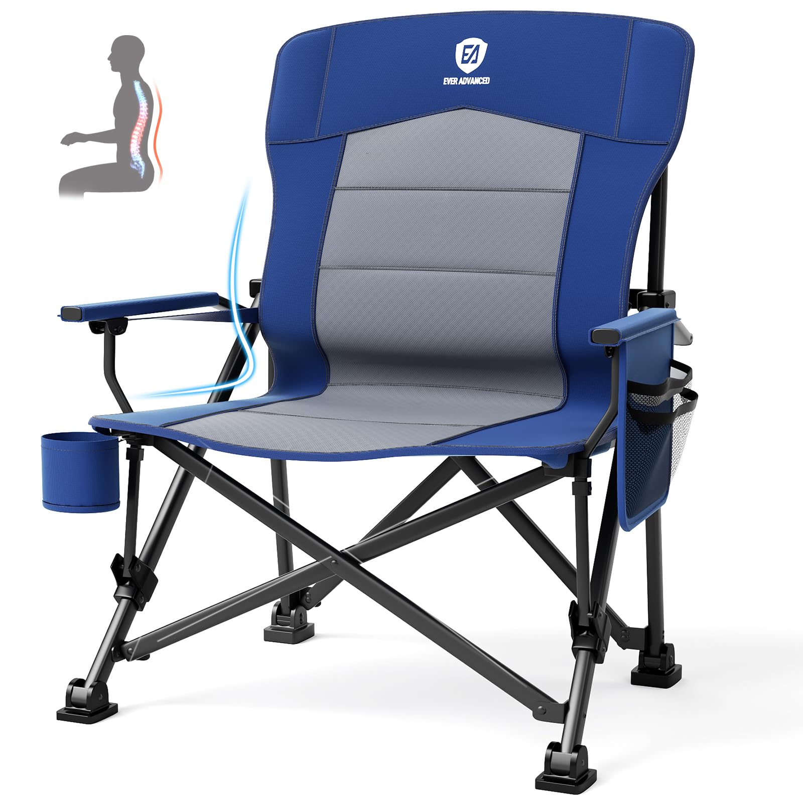 EVER ADVANCED Oversized Folding Camping Chair for Adults with Adjustable Lumbar Support, Heavy Duty Chair with Side Pockets, Portable Collapsible for Outside, Support Up to 230KG,Blue — image 1
