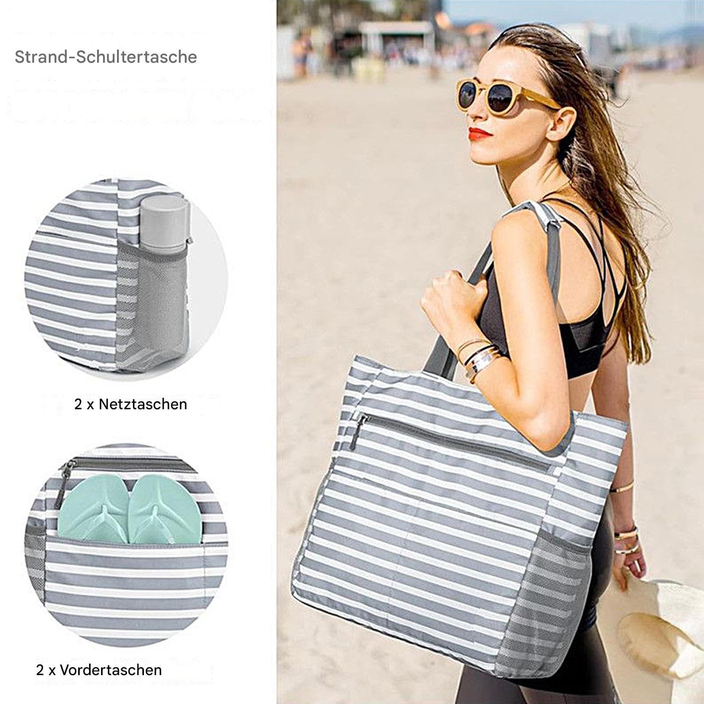 Strandtasche Für Damen | Schwimmbad Strandtasche Mit Münzgeldbeutel,Faltbare Wasserdichte Tragetasche Mit Reißverschluss Für Reisen Camping Picknick Pool Wandern Pendeln Gym Urlaub Arbeit
