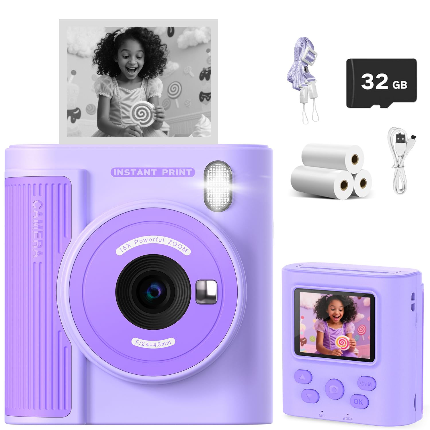 Upgrade Kids Camera Instant Print for Ages 3-12, Portable Instant Print Camera with HD Digital Video, Perfect Christmas Birthday Gift for Boys & Girls