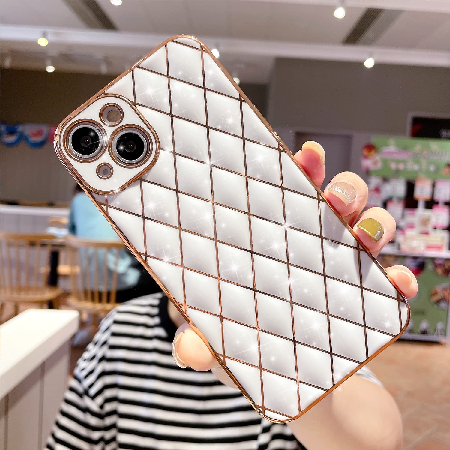 Compatible with iPhone 13 Mini Case Luxury Glitter Gold Pattern Design for Women Camera Cover Lens Protection Protective Shockproof Bumper Slim Soft TPU Cute Aesthetic Trendy Sparkle White 5.4"