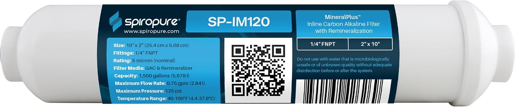 SpiroPure SP-IM120 Inline Alkaline Carbon Water Filter, MineralPlus Remineralization Filter with 1/4 FNPT 2 x 10, Remineralizing for RO System, Refrigerators (1 Pack)