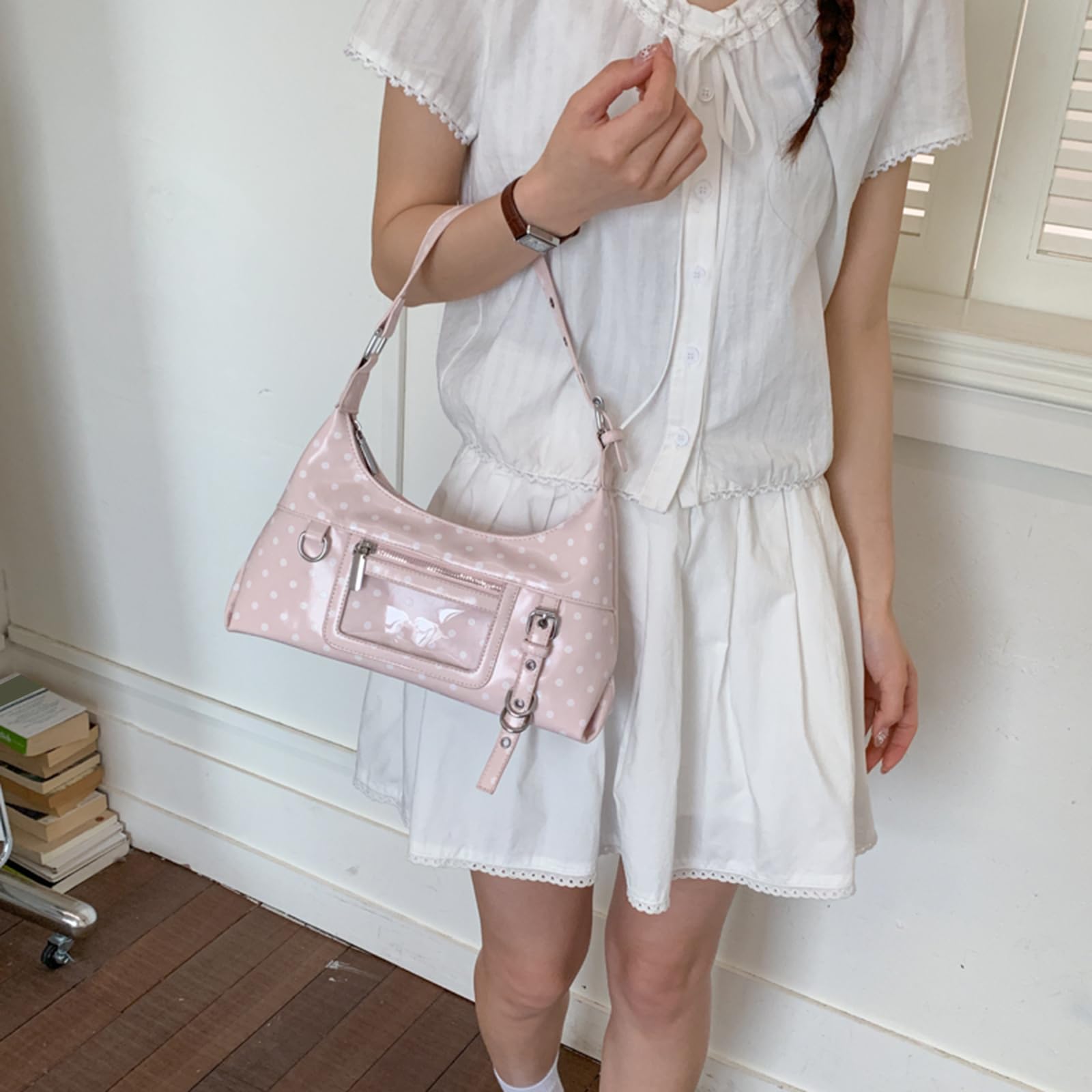 Bolso vintage lunares de piel sintética para mujer, bandolera de viaje
