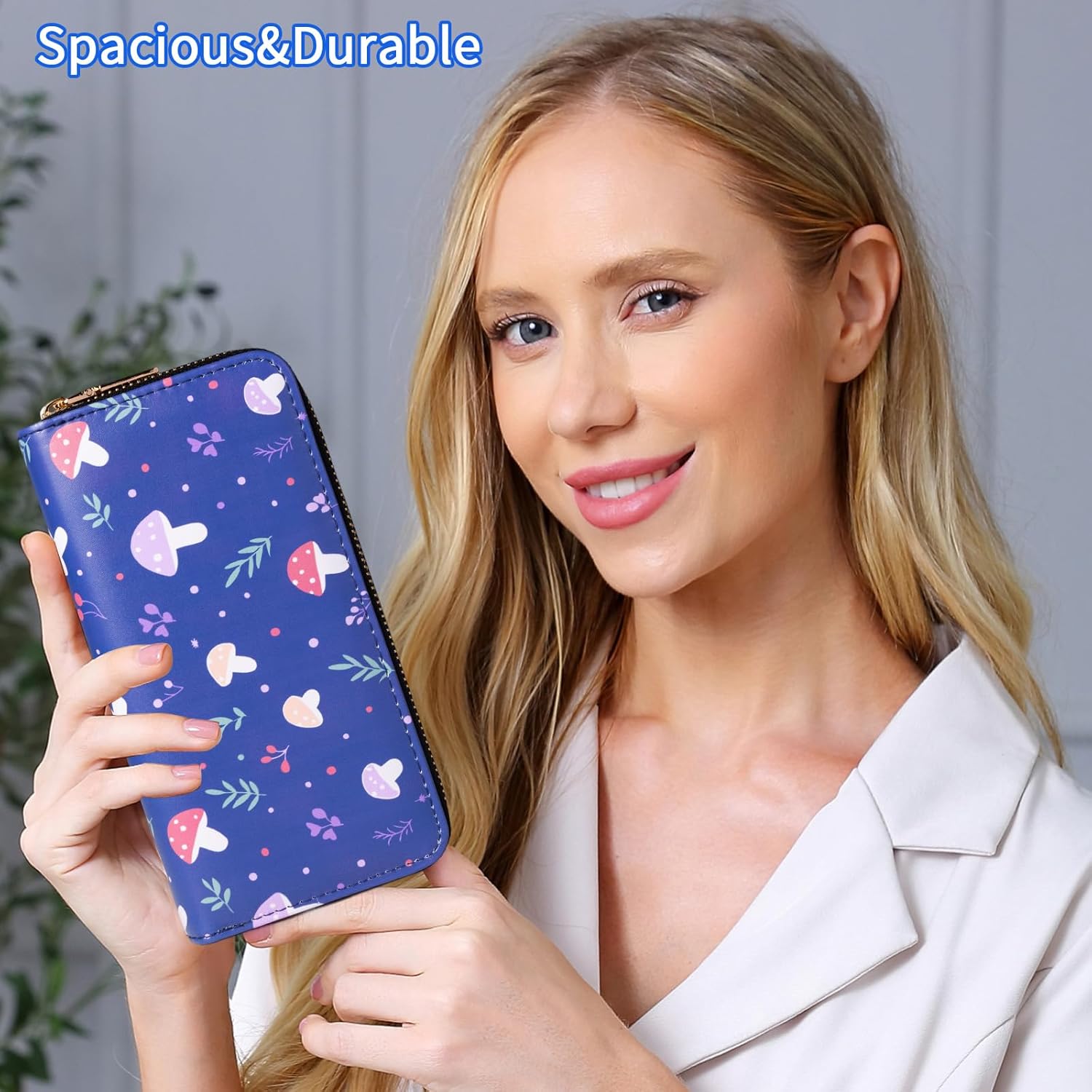 Mushroom Wallets for Women Large Capacity Double Zippes Ladies Purse Vintage Credit Card Holder (Dark Blue) - Image 2