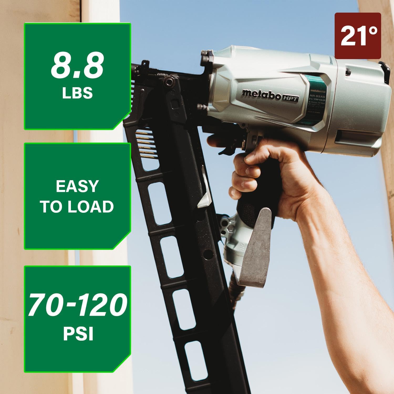 Metabo HPT Framing Nailer, Pro-Preferred Pneumatic Power Nailer & Framing Tool For Flooring, Roof Decking & More, Rapid Response Cylinder Valve, 21° 2" to 3-1/4" Plastic Collated Nails, NR83A5(S)