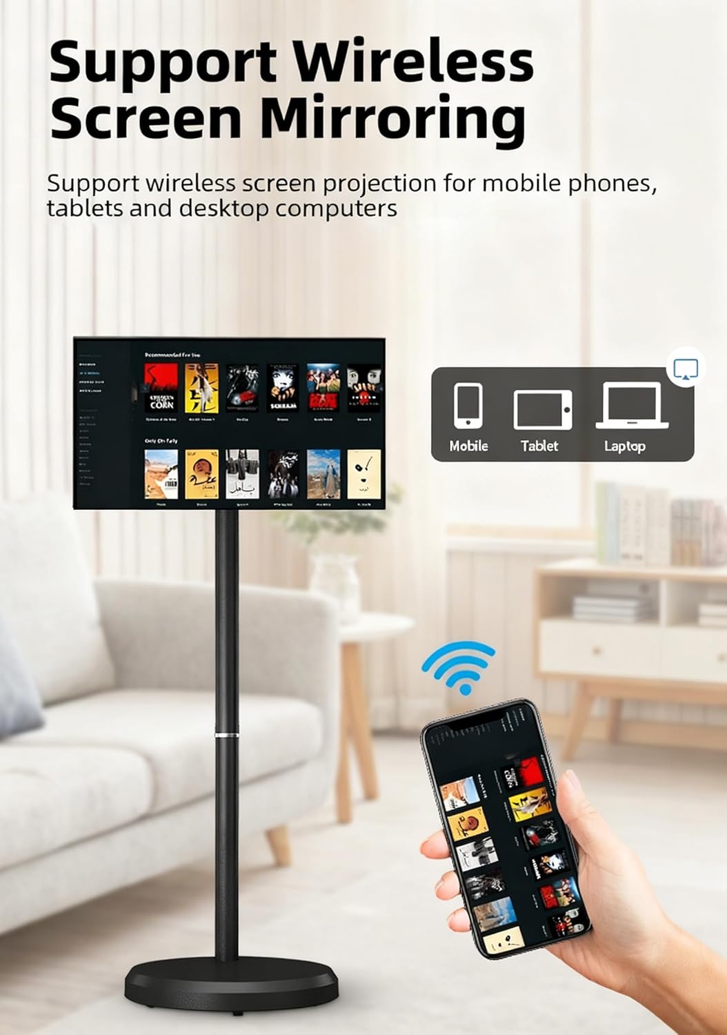 21.5-Inch Portable Rolling TV, 1080P Smart Portable Wireless Touch Screen TV, Touch Screen Portable TV Monitor, Android 15 OS, 13MP HD Camera, Full Swivel Rotation Black