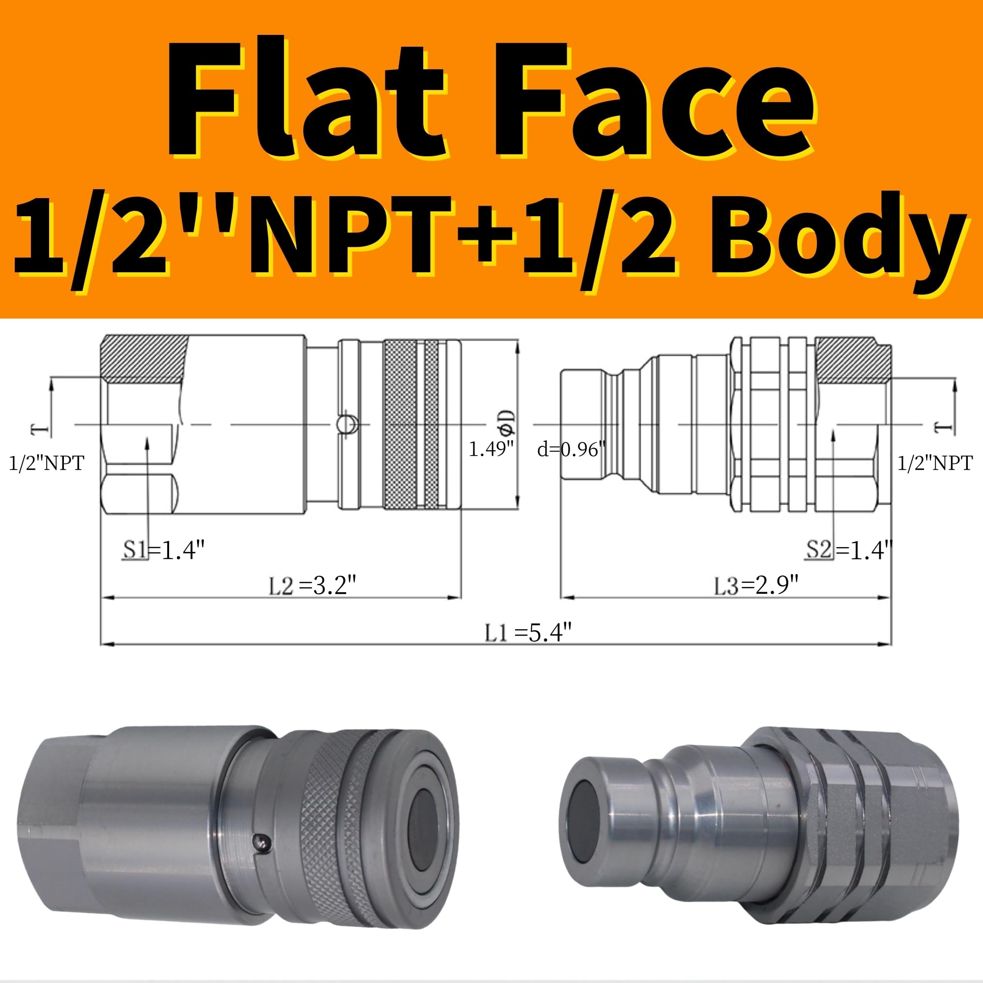 Coupleurs hydrauliques à dégagement rapide 1/2" NPT à face plate Bobcat - Raccord rapide hydraulique ISO16028 avec bouchons anti-poussière, corps 1/2" + 1/2" NPT