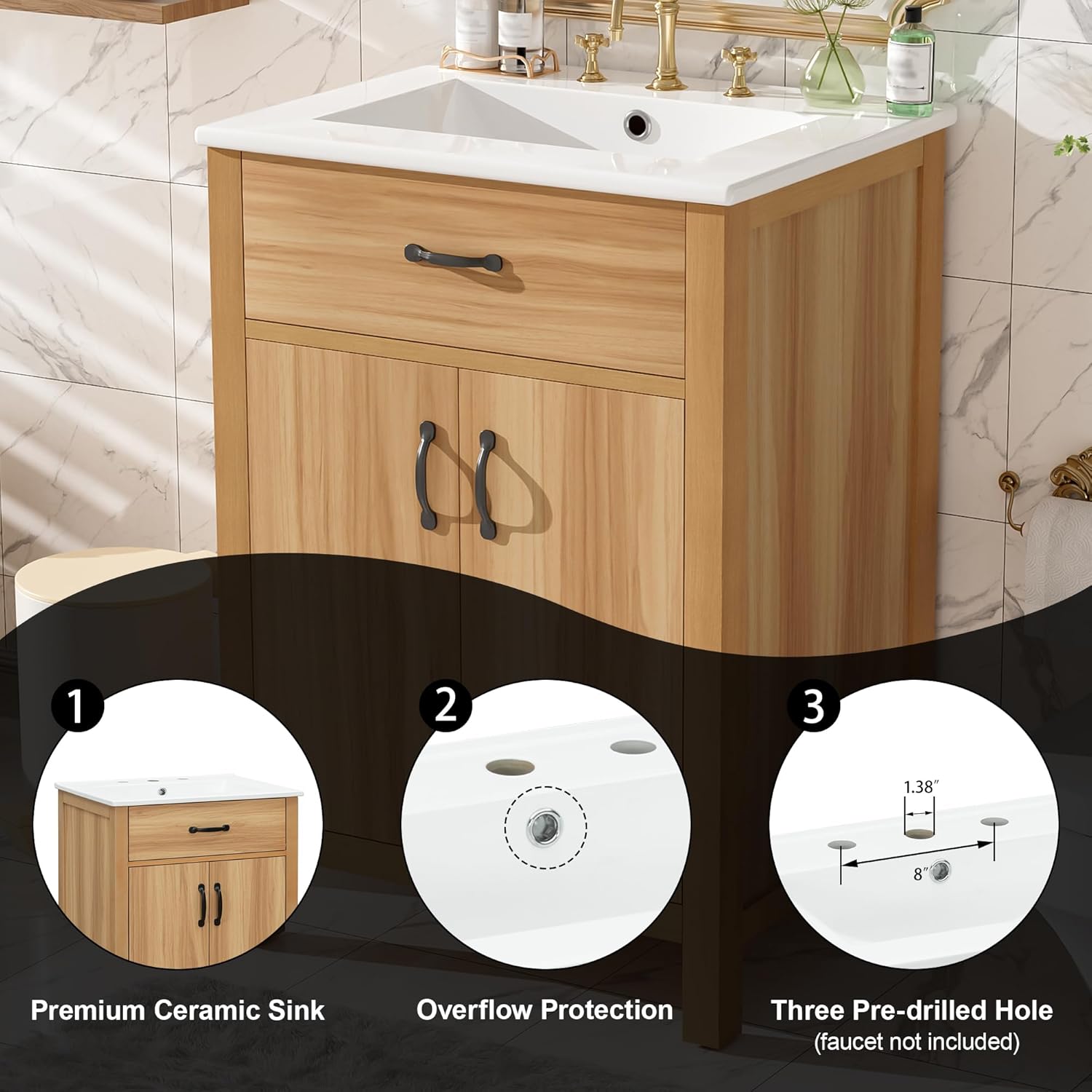 Harper & Bright Designs 24" Bathroom Vanity with Sink, Free Standing Single Basin Vanity Set with Tip-Out Drawer and Adjustable Shelf, Wood Bathroom Cabinet with Ceramic Basin for Bathroom, Wood