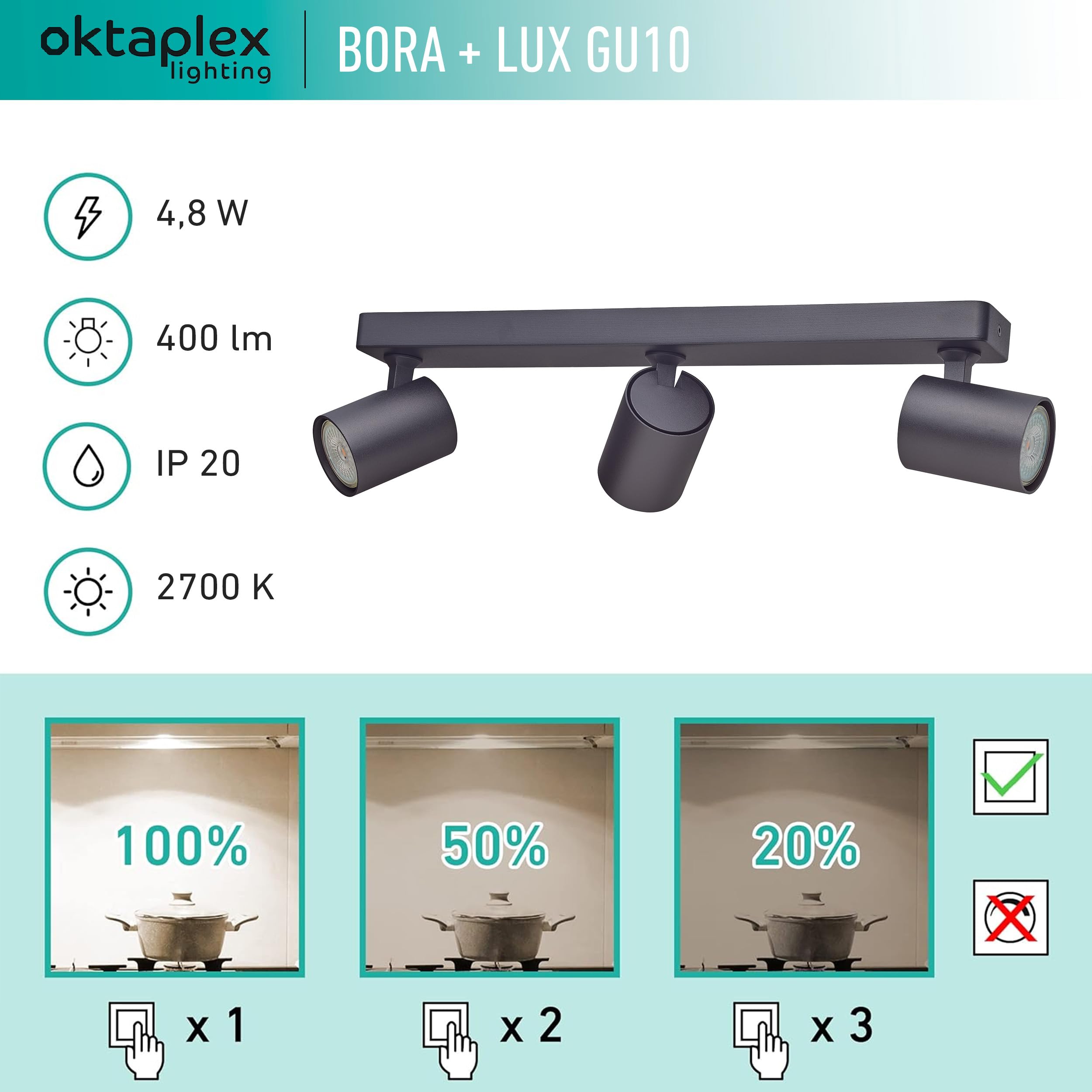 Oktaplex Bora Deckenstrahler 3-flammig schwarz inkl. Leuchtmittel | 3-Stufen dimmbar GU10 400lm 2700K warmweiß 4,8W 230V - Spotbalken