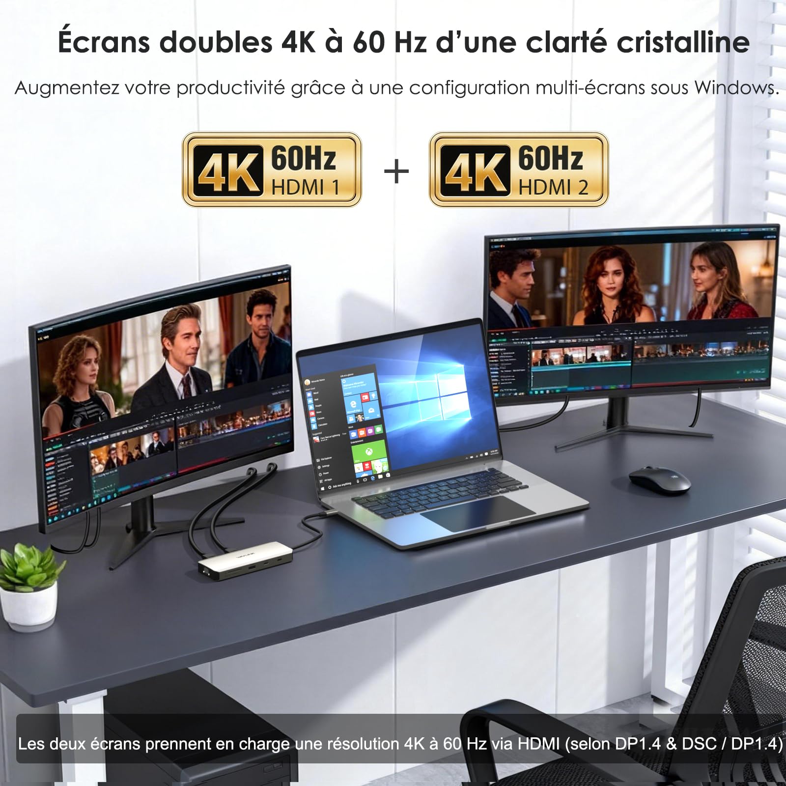 WAVLINK Station d'accueil USB C 10-en-1 pour ordinateur portable, double HDMI 4K@60Hz, ports USB A/C 3.0, emplacements SD/TF, charge PD 100W, Ethernet Gigabit, port audio, compatible with Dell/HP
