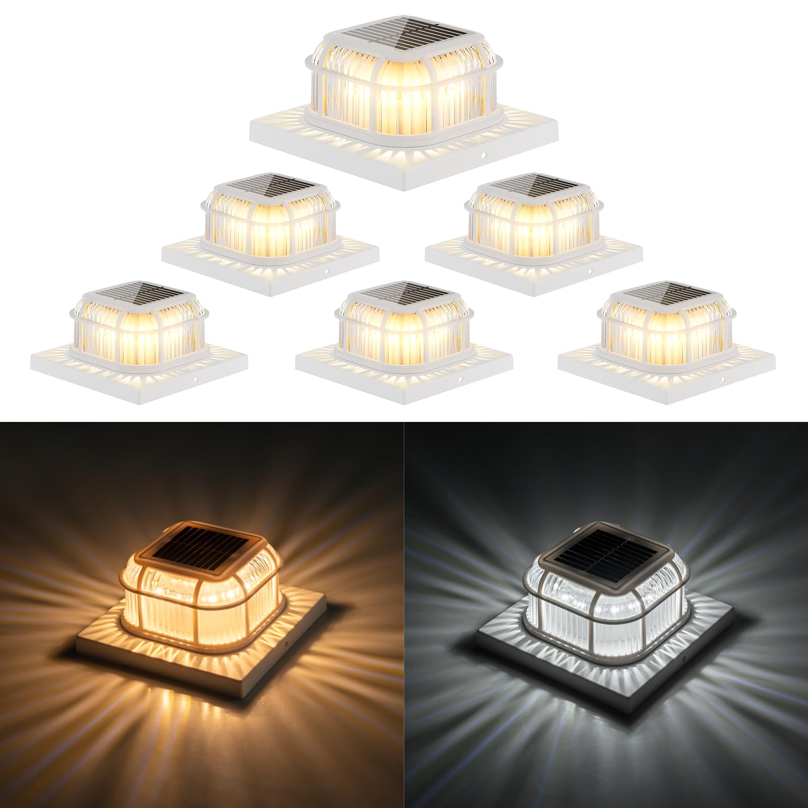 Solar Post Light 6 Packs with 4x4, 5x5 and 6x6 Inches Base for Vinyl/Wooden Posts, Bright 16 LEDs Solar Cap Lights with Two Light Modes for Decorating Deck, Patio, Porch, Fence (White)