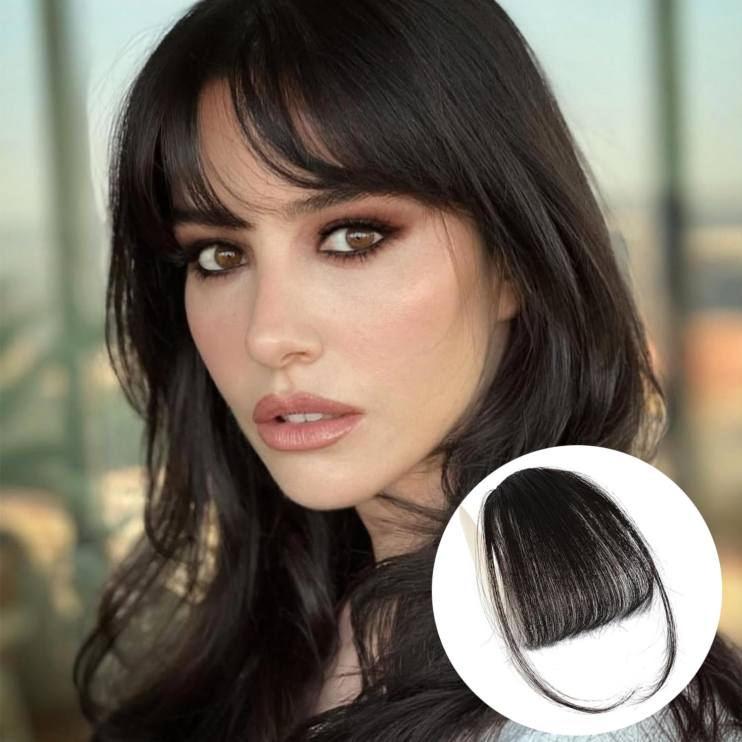 Clip In Fringe 100% Real Human Hair Bangs Hair Clip Thin Bangs On Hairpiece On Air Bangs With Temple Wispy Bangs Hair Extensions for women (Brown Black