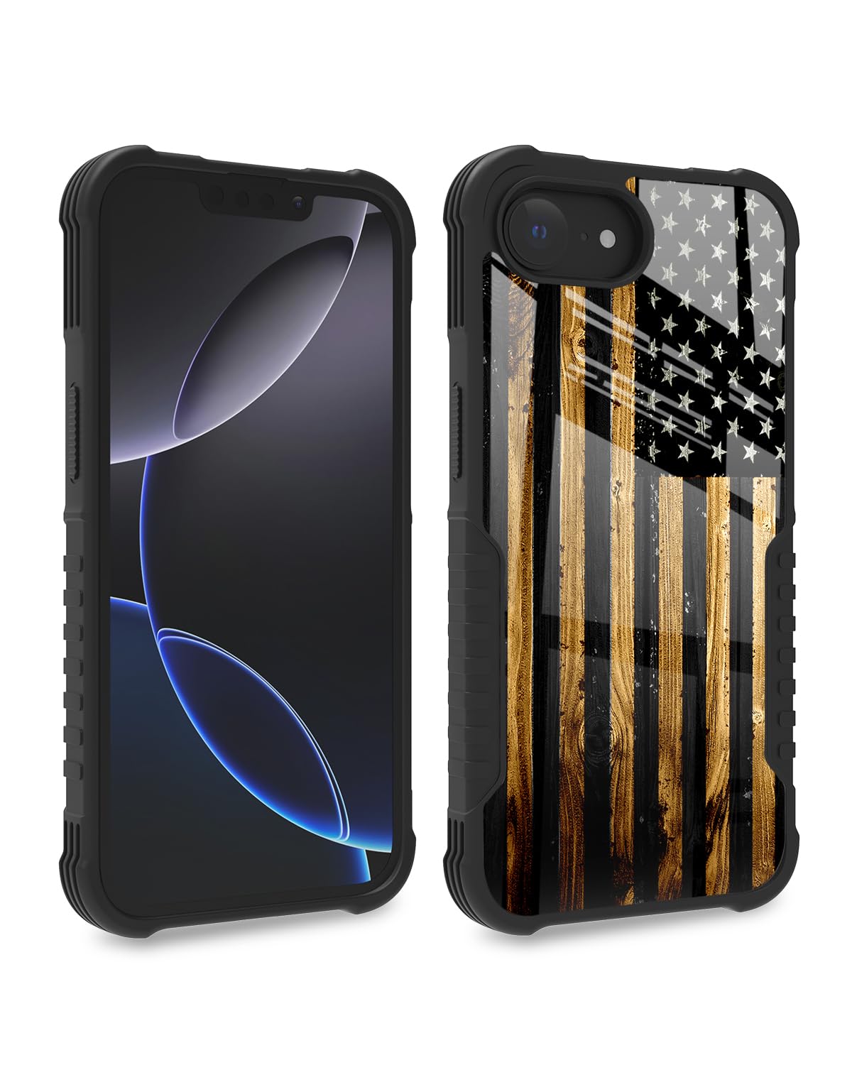 Compatible with iPhone 16E Case Classic Wood Grain Old American Flag Design for Men Boys, Full Body Shockproof Anti-Scratch Hard PC Back TPU Drop