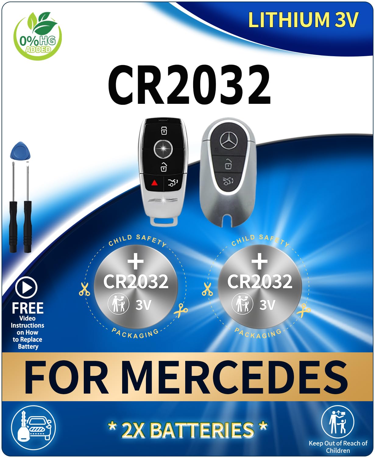 2 Pack CR2032 Key Fob Replacement Batteries for Mercedes-Benz (GLE Sprinter GLC C-Class GLS GLB E-Class S-Class GLA G-Class A-Class CLA EQS EQE EQB AMG GT) Remote Key (Check Fitment Guide)