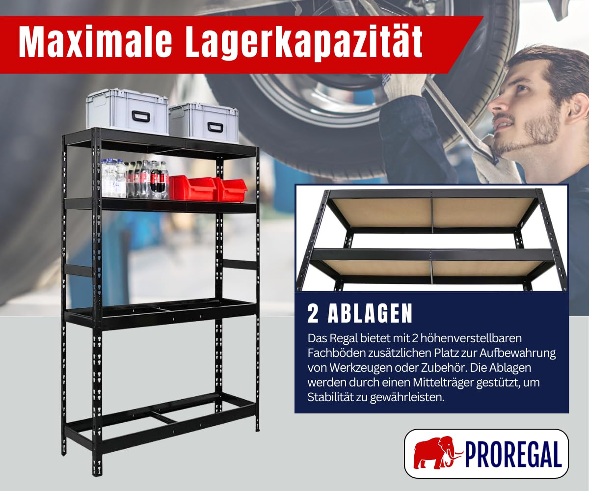 PROREGAL Reifenregal Tiger | HxBxT 180x120x40 cm | bis zu 12 Reifen auf 2 Ebene + 2 Ablagen | Schwarz | Werkstattregal, Lagerregal, Kellerregal