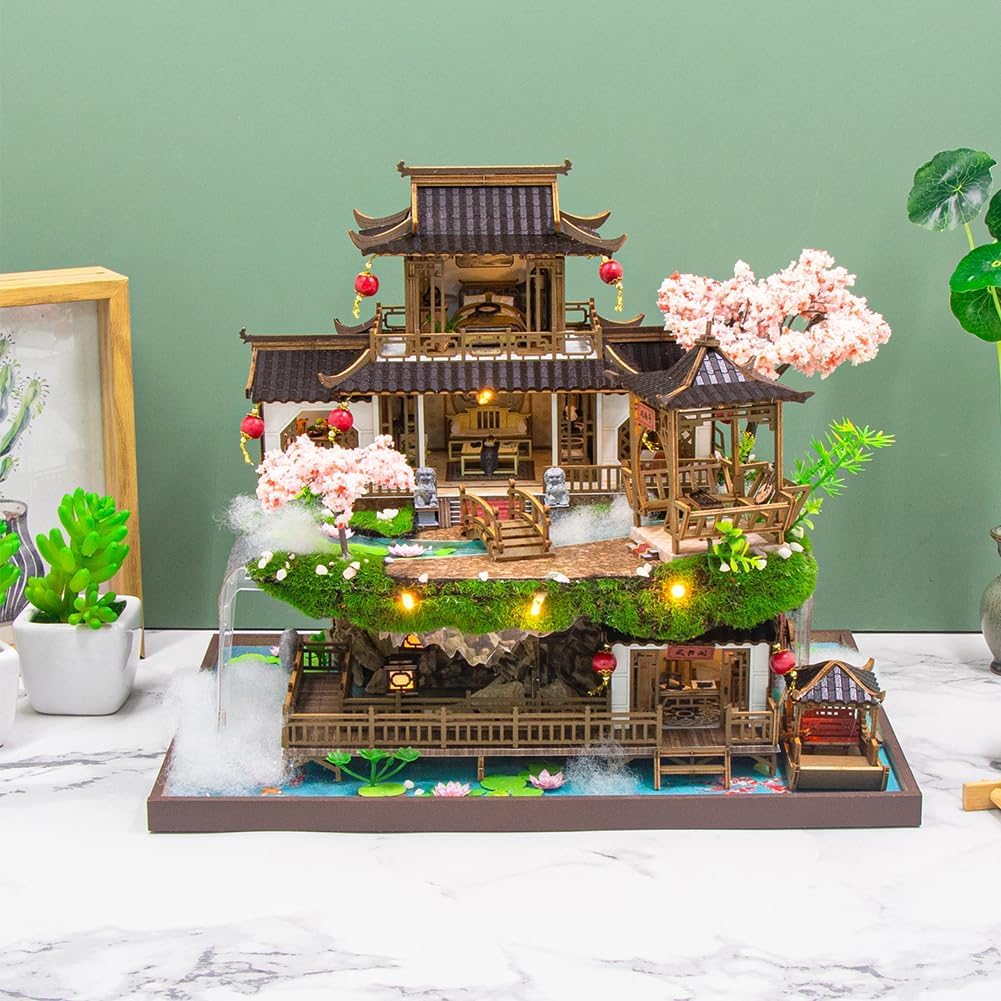 Kit per casa delle bambole in stile cinese, kit per casa delle bambole in legno con musica e luci a LED, kit fai da te per casa delle bambole in scala 1:24, casa in miniatura per adulti, regali di