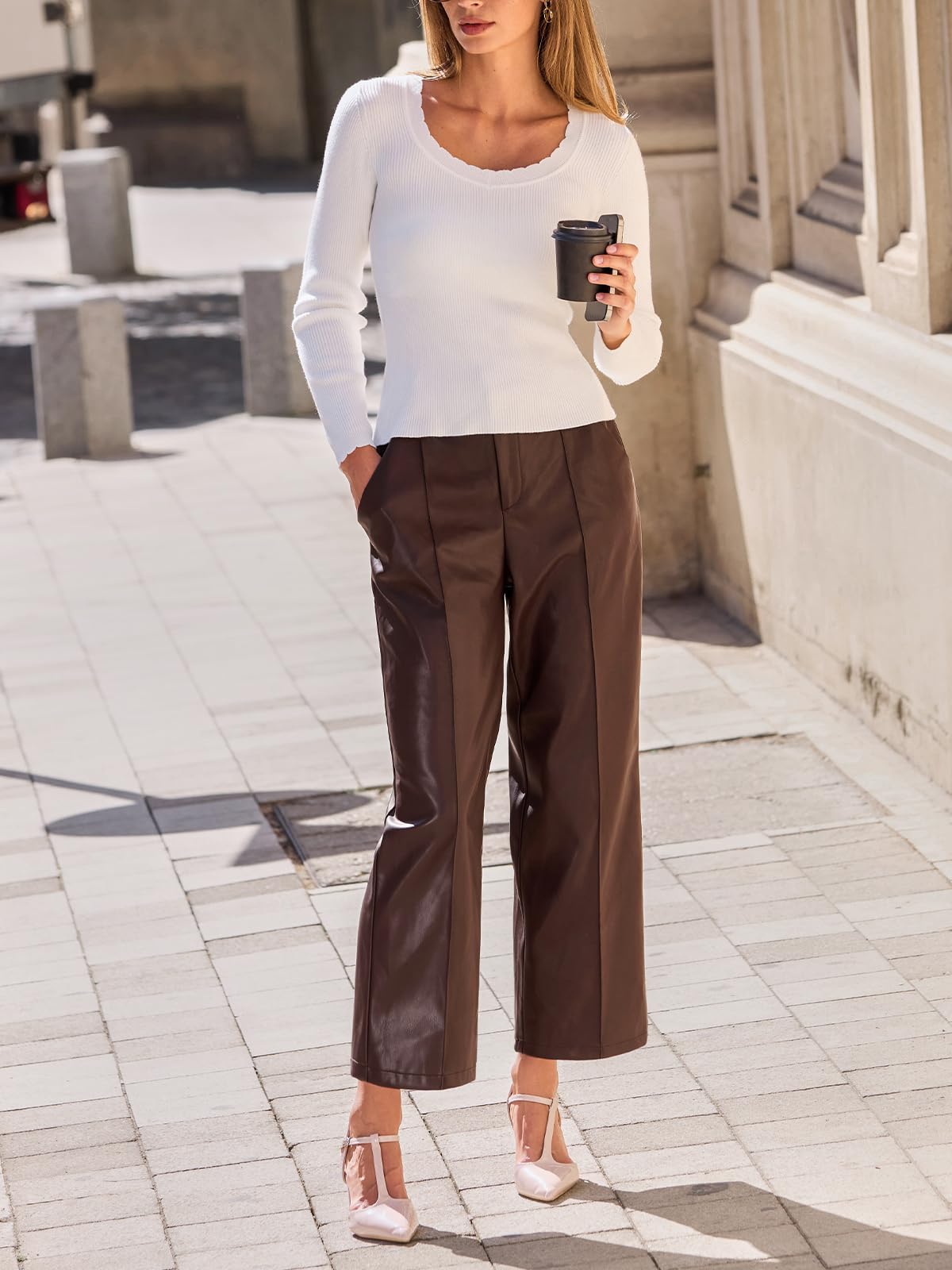 CUPSHE Pantalon court en similicuir pour femme - Taille haute - Jambe large - Avec poches