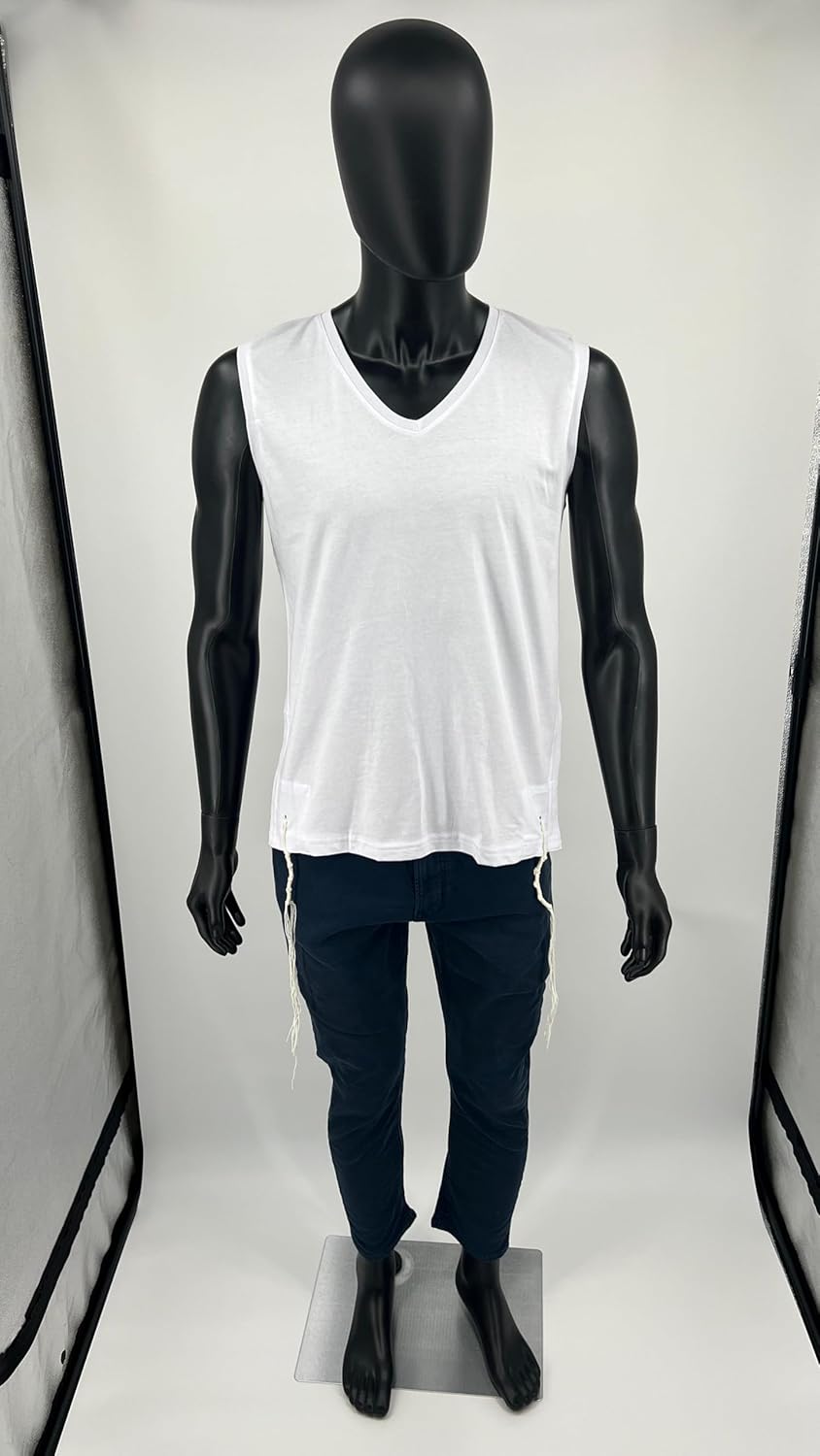 Adult Tzitzit T-Shirt Kosher Tzizis -Ashkenaz, Sephardi or Chabad Strings by MMJ-100% Cotton V-Neck Certified Made in Israel