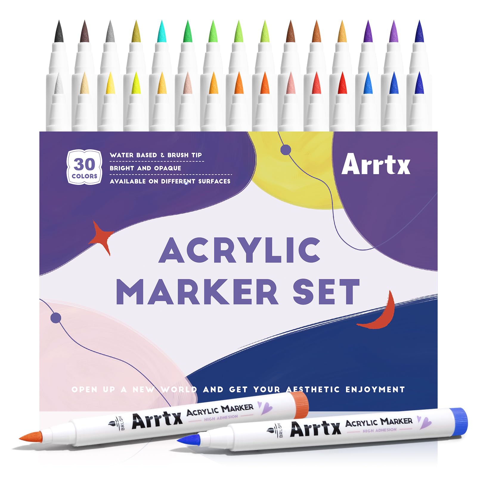 Arrtx Acrylic Paint Pens 30B Colors Brush Tip Acrylic Pens Markers for Rock Painting Wood Ceramic Glass Canvas Metal Plastic Fabric Stone and DIY Project