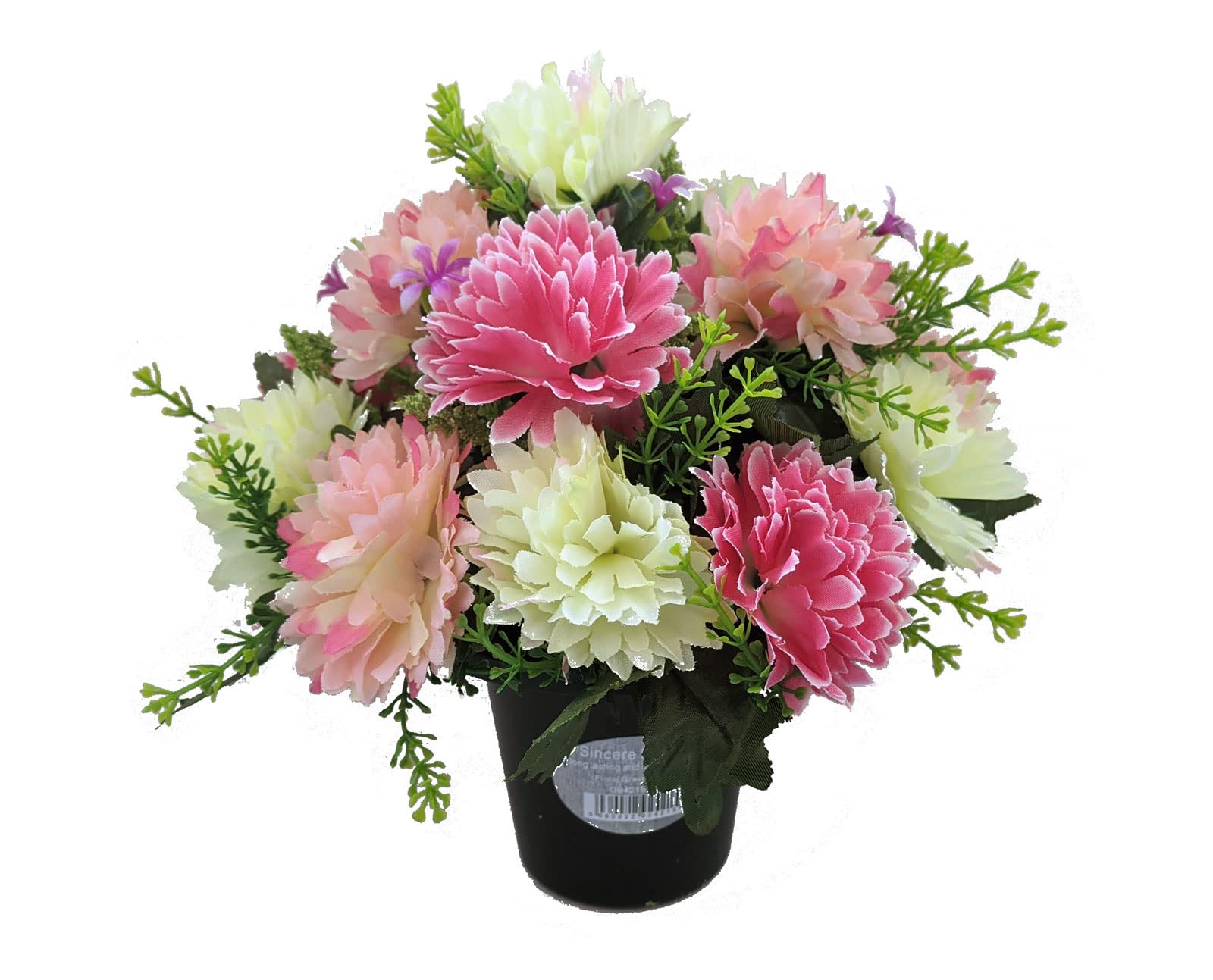 Permabloom Pink Artificial Spikey Mum Flowers In Crem Grave Pot - Memorial Insert (Pink)