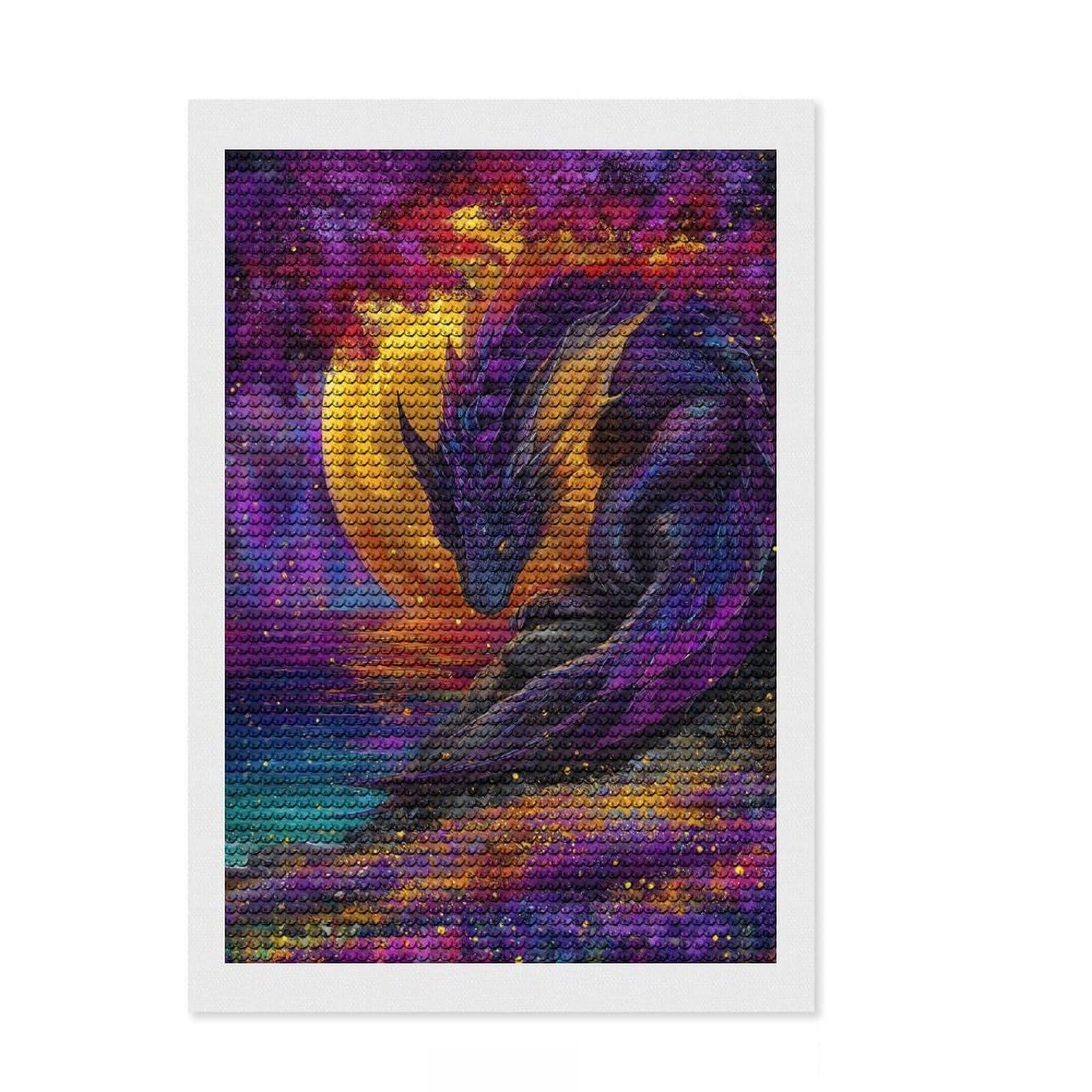 Junmoney Purple Dragon by The Sea Diamond Art Kit 8"x12", Fun Craft Experience, Finish and Display, Office Decor, for Craft Lovers, Printed Canvas