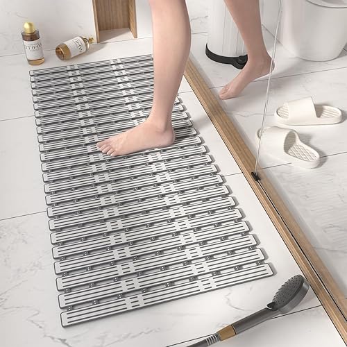 Miniatura 10 de HITSLAM Tapete de ducha antideslizante de 27 x 16 pulgadas para bañera, tapete de ducha de TPE con agujeros de drenaje y ventosas, tapete de baño,