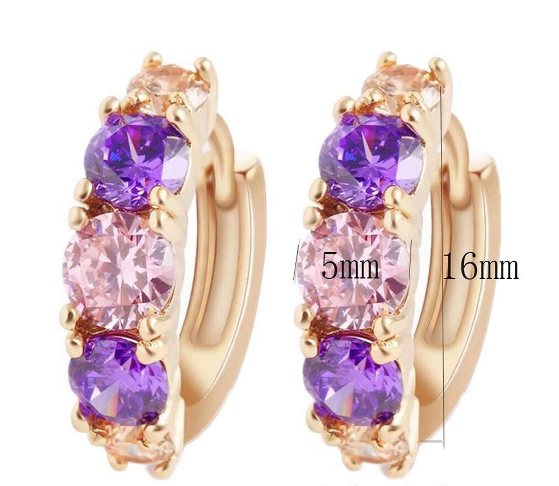 Pendientes de aro para mujer, oro amarillo de 14 quilates, Au585, multicolor, amatista rosa, cristal aro, pendientes de aro para mujer, pequeños pendientes de oro de 14 quilates