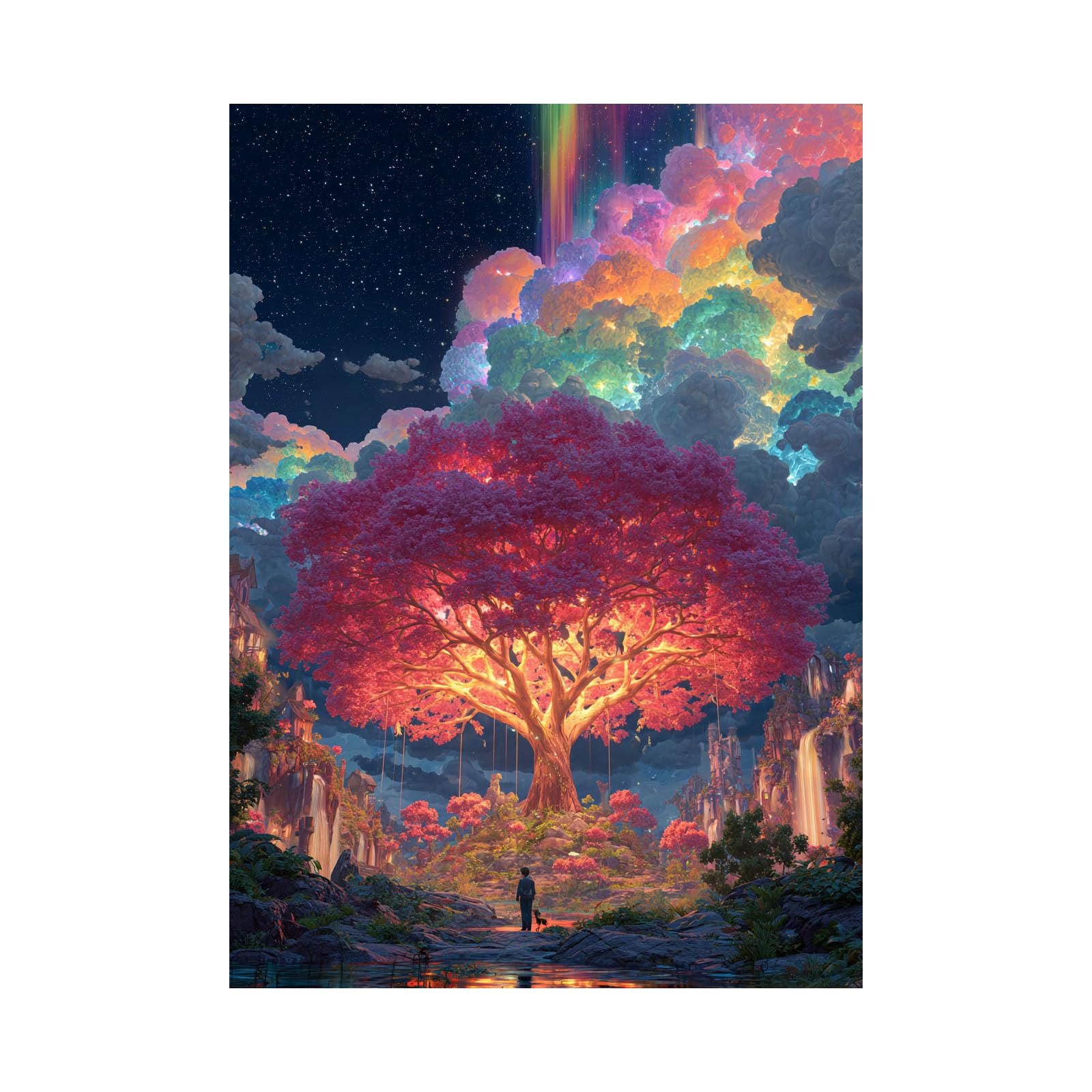 Teruea Women's Pink Colorful Botanical Wall Poster For Bedroom Living Room Decor Blush Blossom Tree, Starry Sky, Cloud & Cascading Waterfall For Girl's Bedroom Living Room Bathroom (Pink)-40X60cm1 Unframed