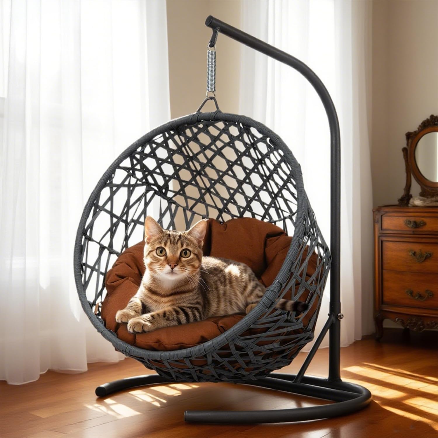 Cat Swing Bed with Stand & Cushion - Egg Chair with Rattan Wicker Appearance, Heavy Duty Hanging Cat Bed Hammocks for Cats, Dogs, and Small Animals (Brown)