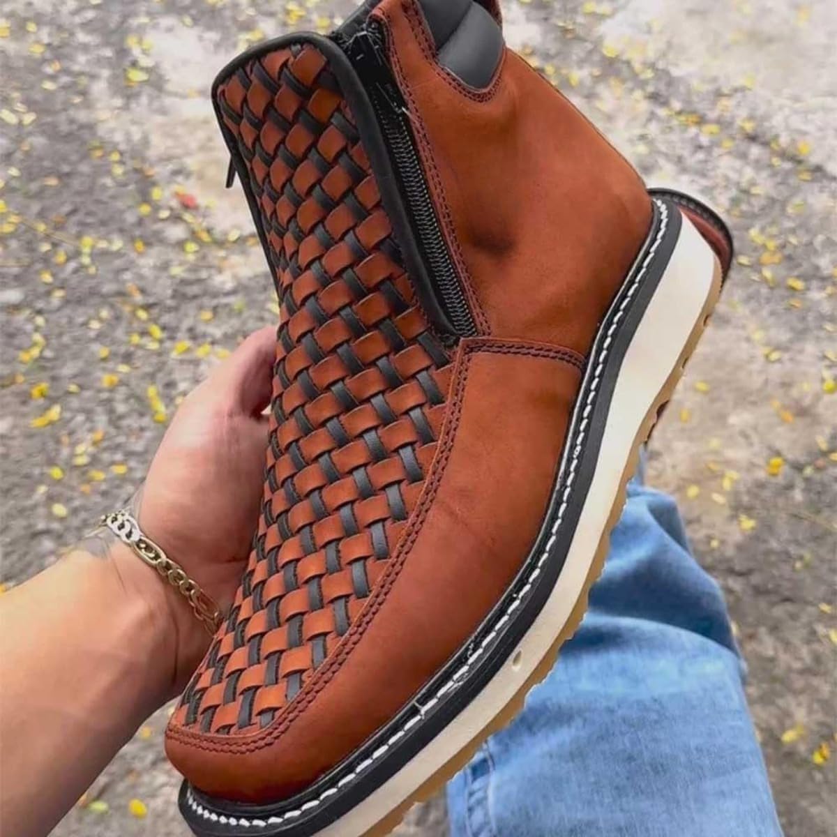 Zenfaze Handcrafted Western Cowboy Boots for Men, Men's Square Toe Leather Hand-woven Cowboy Shoes with Double Side Zipper