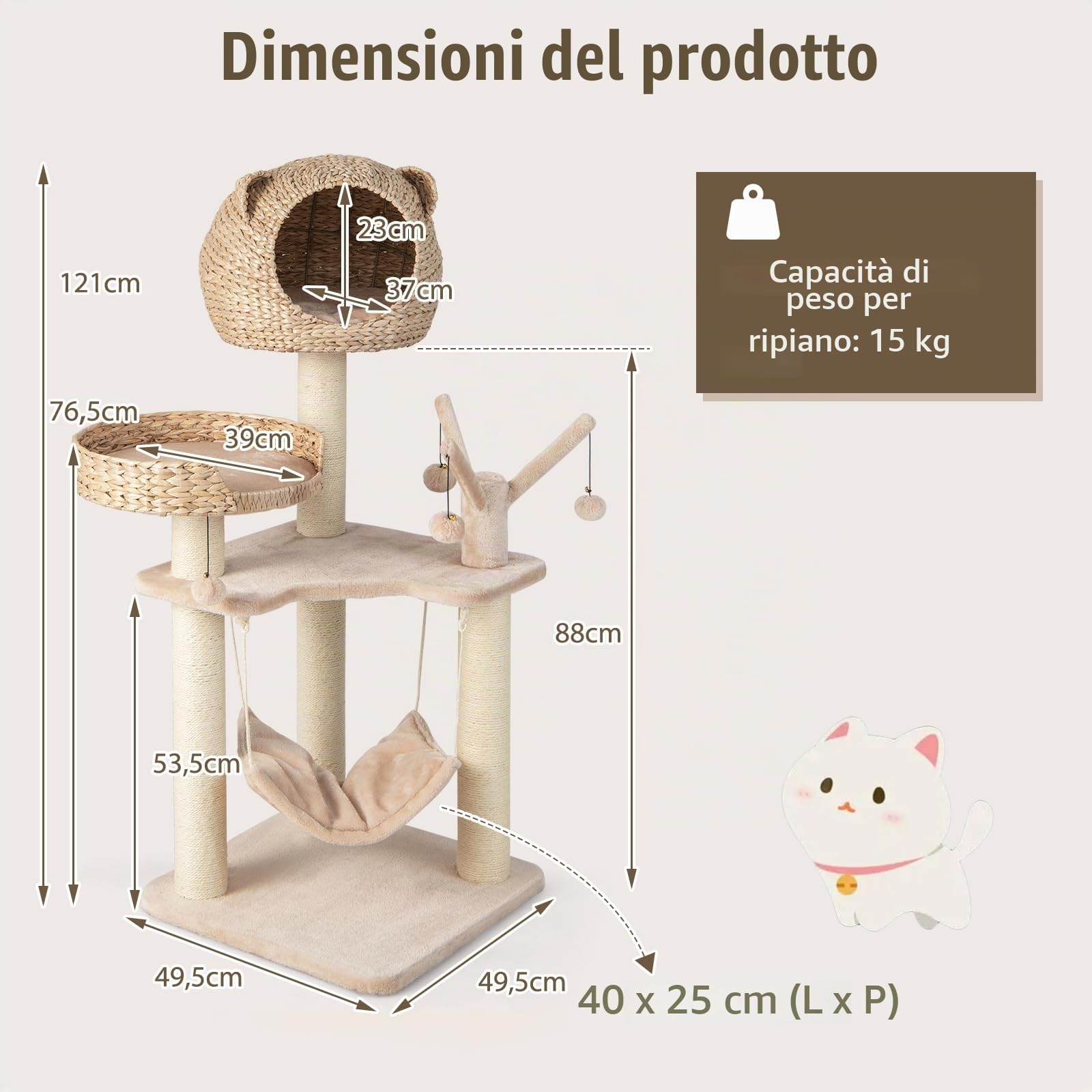 SOARS Tiragraffi per Gatti con Cuccia in Rattan Alto 121 cm
