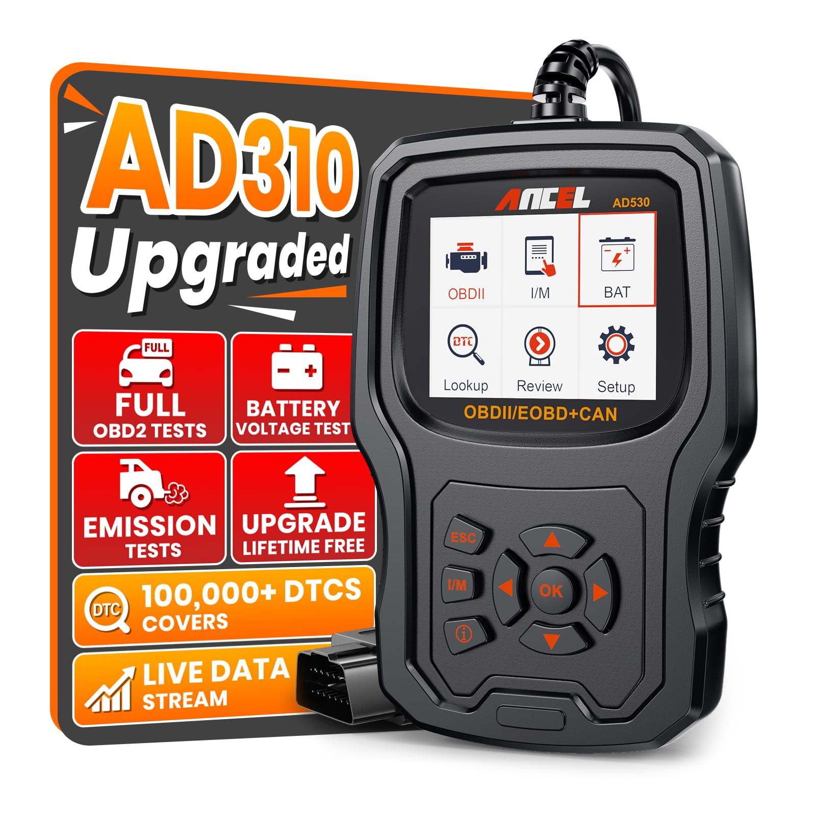ANCEL AD530 OBD2 Scanner Diagnostic Tool, Universal Check Engine Code Reader with Live Data, Car Diagnostic Tool with Upgraded Battery Tester & All OBD2 Functions for 1996+ Cars, Upgraded AD310Global Recycled StandardGlobal Recycled StandardGlobal Recycled Standard