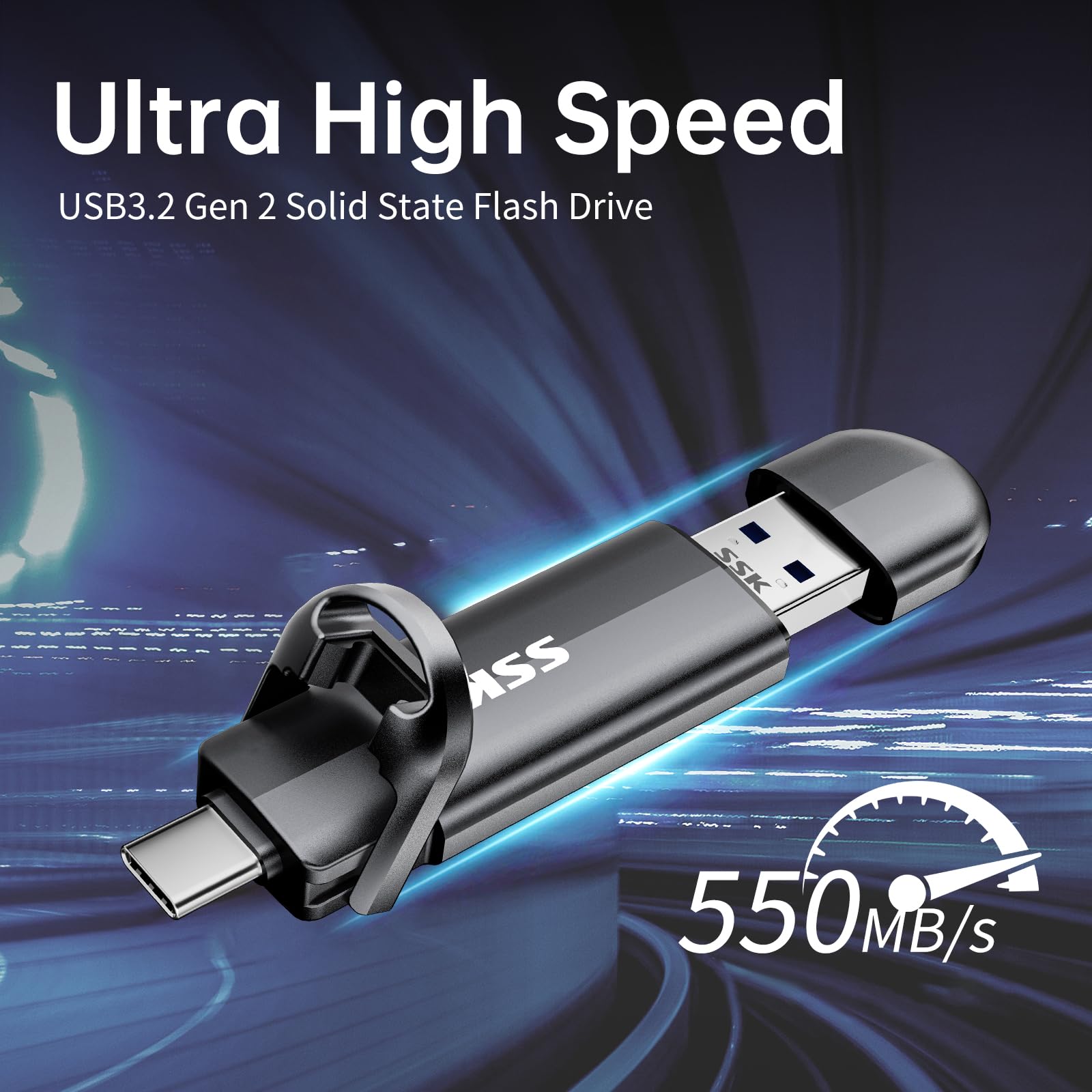 SSK Unità USB da 256 GB, SSD esterna veloce 550 MB/s 2 in 1 Dual-Drive Tipo C + A USB3.2 Gen2 ThumbDrive SSD a stato solido per iPhone 15/16/17/PS4/Android Phone/Tablet/Windows/Mac
