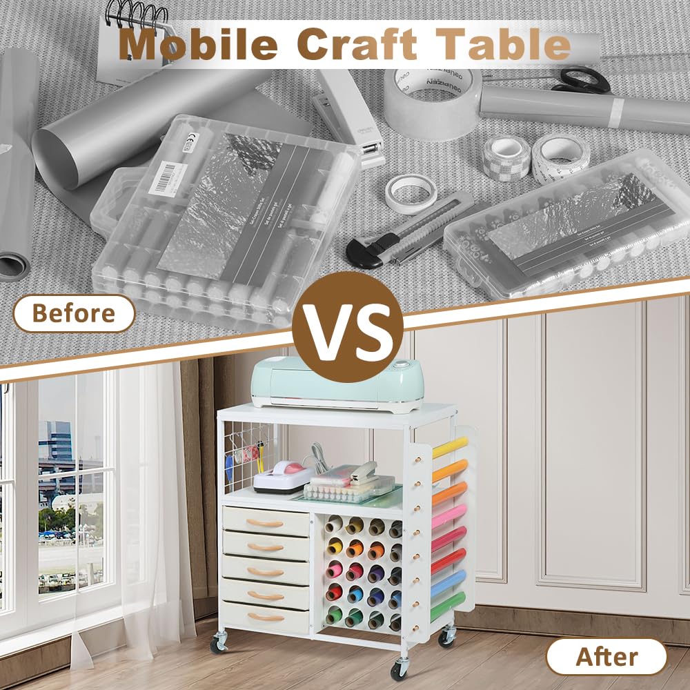 SMONTER Tavolo per organizzazione e conservazione per macchine Cricut, armadietto con 28 supporti per rotoli in vinile e 5 cassetti, supporto per pressa a caldo con ganci
