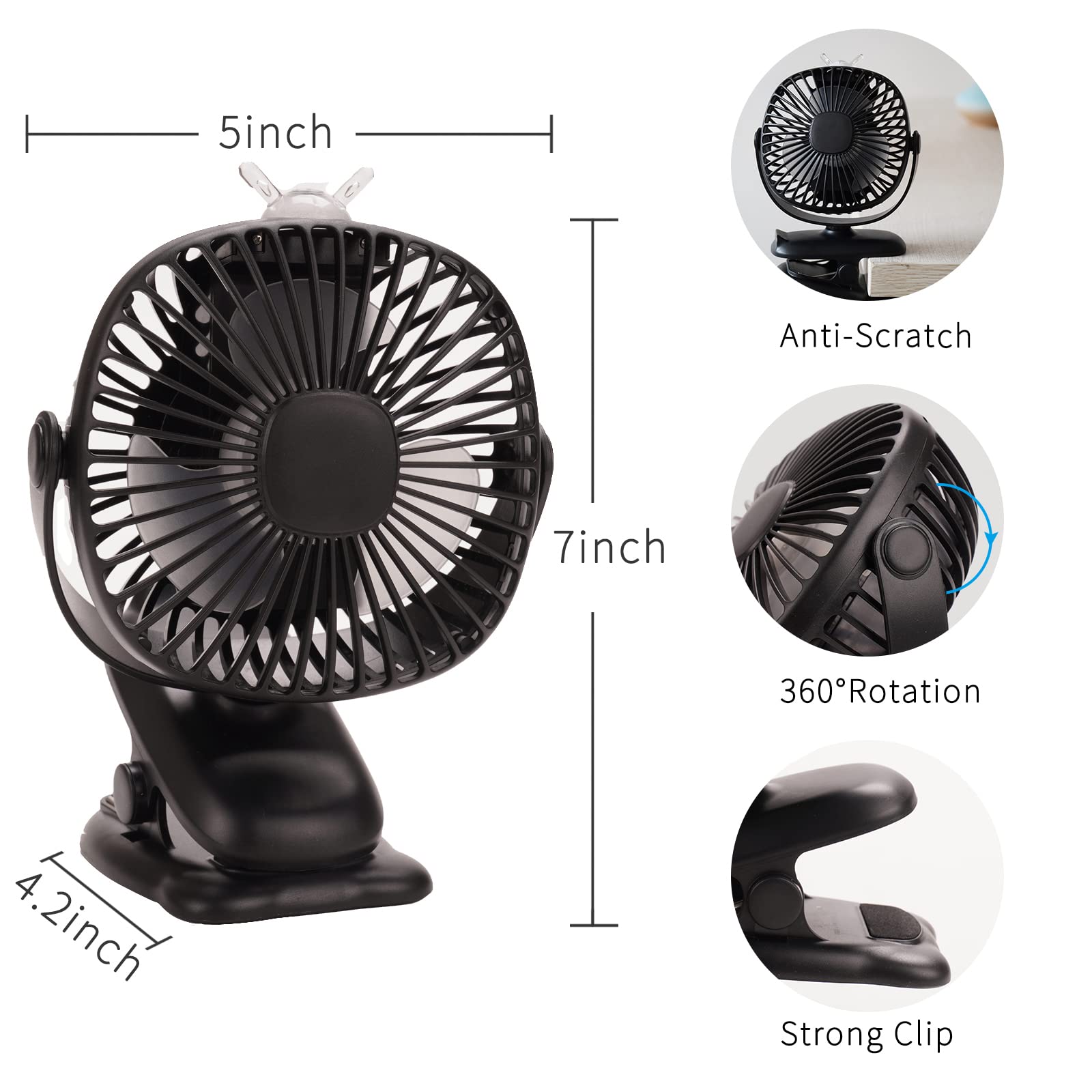 Venforze Klip on Stroller Fan, 6000mah USB wentylator Mini Personal Desk Fan z akumulatorem obsługiwany 4 Prędkość 360° obrót chłodzenia pulpit wentylatory dla Buggy wózki biurowe wózki