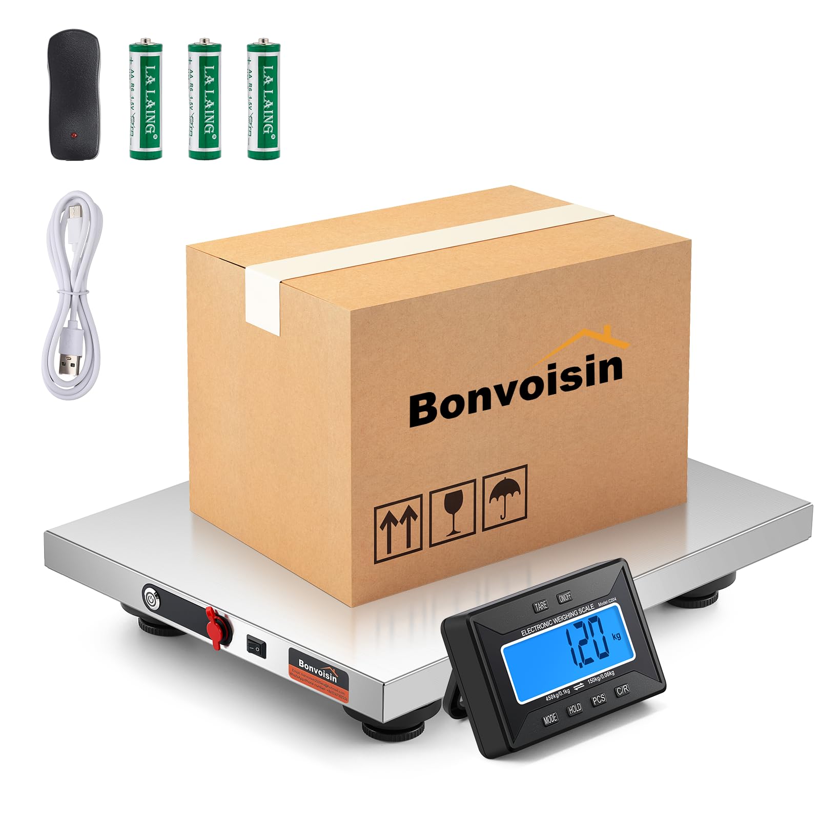 Bonvoisin Báscula postal inalámbrica 450 kg/992 lb, alcance 10 m, pantalla LCD independiente, modo dual 0,1 kg/0,05 kg, conmutable kg/lb/oz/lb:oz, funciones tara/hold/conteo