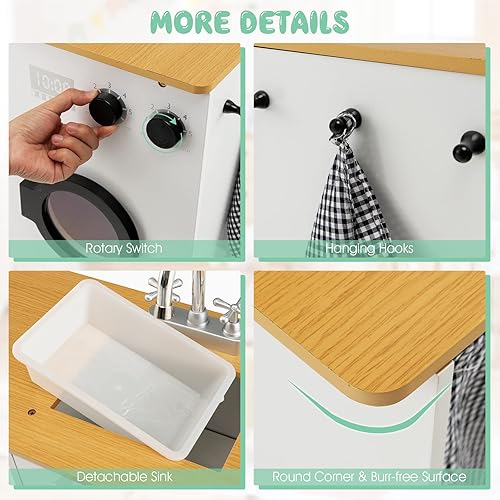 Miniatura 5 de GLACER Juego de cocina de madera para niños, cocina de juego de simulación de 2 piezas con luces y sonidos realistas, lavadora, dispensador de agua,