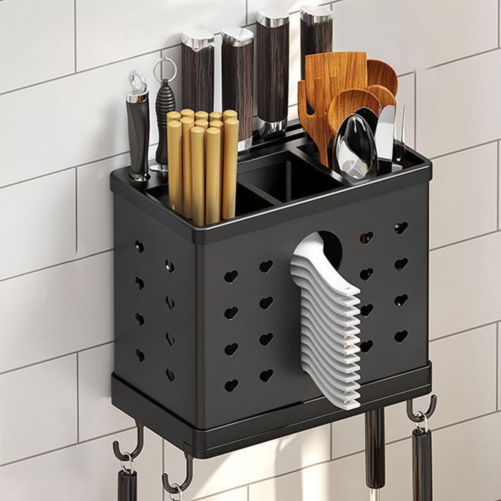 Dxcaicc Stainless Steel Utensil Holder, Metal Steel Square Utensil Flatware Storage for Countertop,Utensil Crock Silver,Capacity Multifunctional Shelf, Silverware Utensil Drying Rack,F
