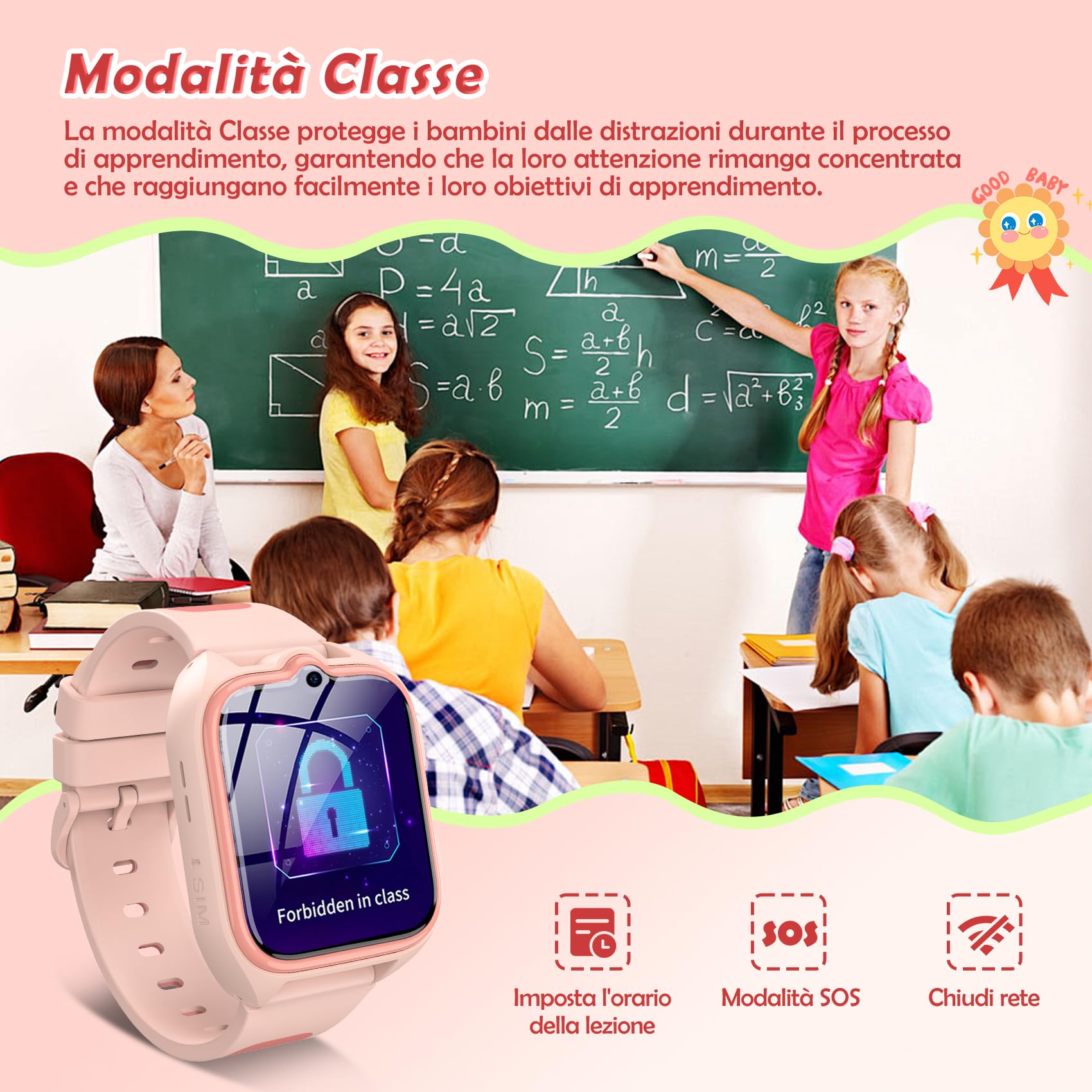 Baolubao 4G Smartwatch per bambini localizzatore GPS+WIFI+LBS confunzione SOS,Video chiamata/ChiamataTelefonica/Chat Vocale/SMS/Sveglia/Modalitàclasse,Telecamera,Giochipuzzle 800mAh Batteria