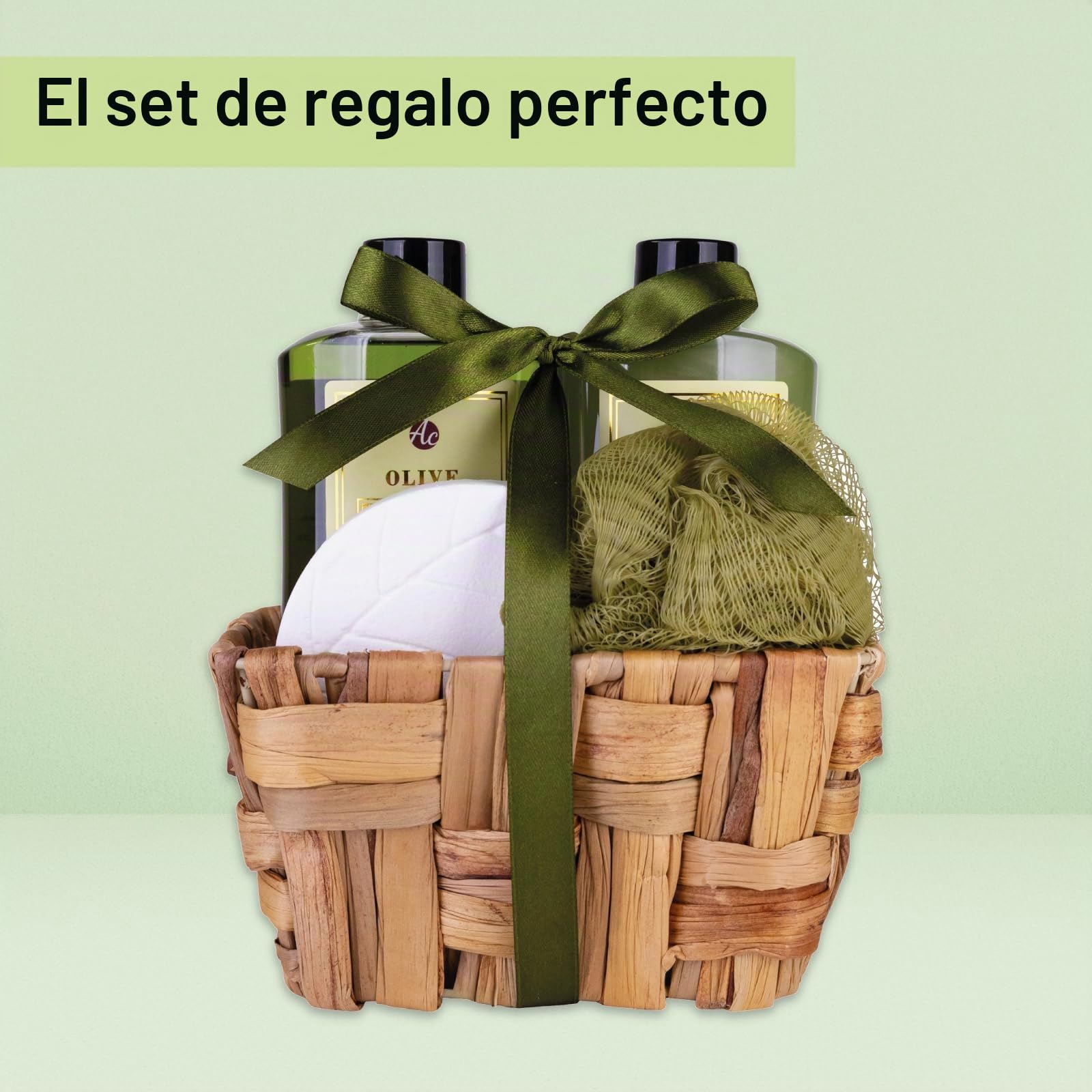 Accentra - Set de baño de regalo para mujer OLIVE en copas de algas marinas, set de ducha regalo con gel de ducha, baño de espuma, bomba de baño y esponja de red, set de bienestar de 4 piezas para