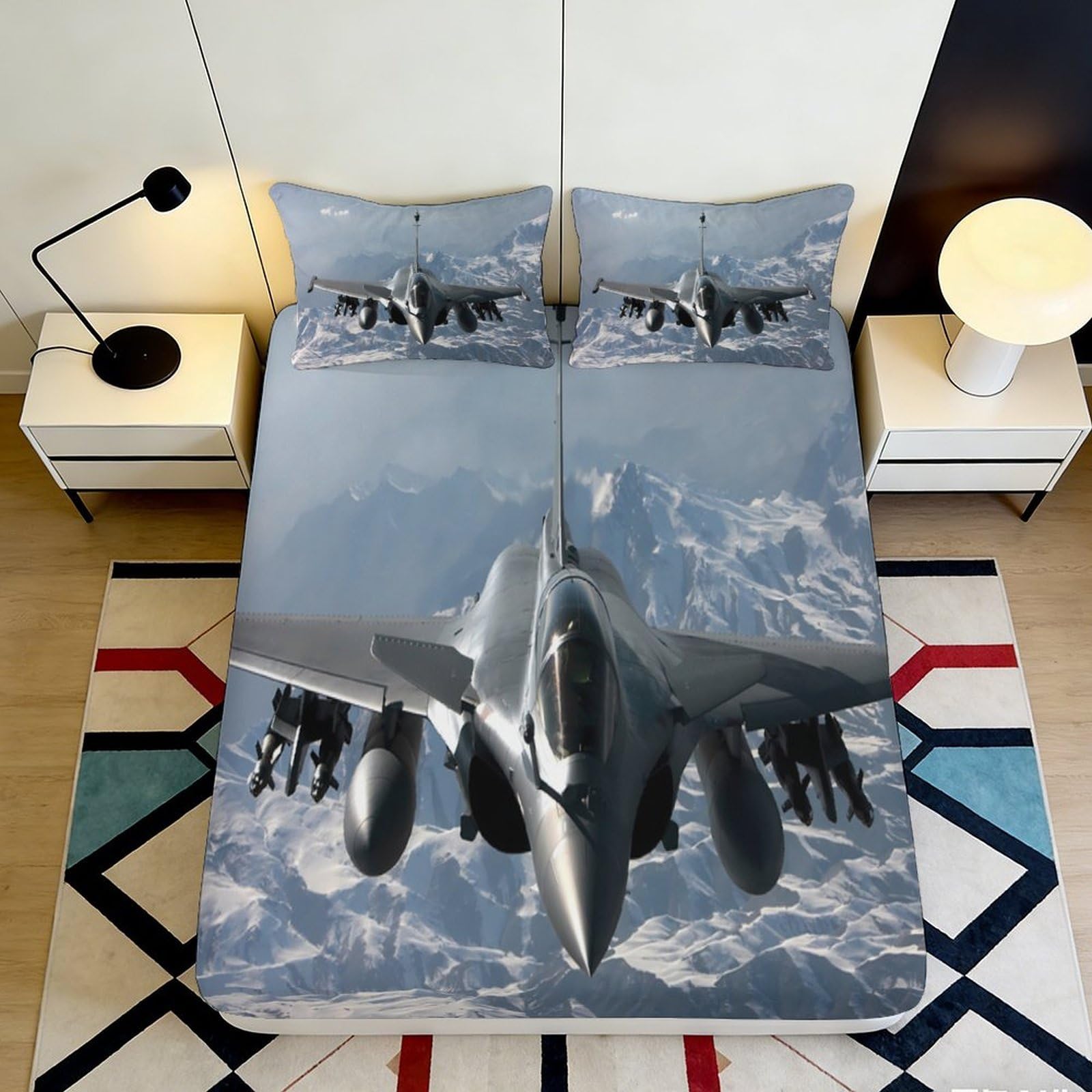 3D Printed Jet Fighter Fitted Sheet, Microfiber, Soft Touch, Stylish Decor, Bedroom or Guest Room Bedding, Wrinkle Resistant, Mattress Protection 90x200x25cm