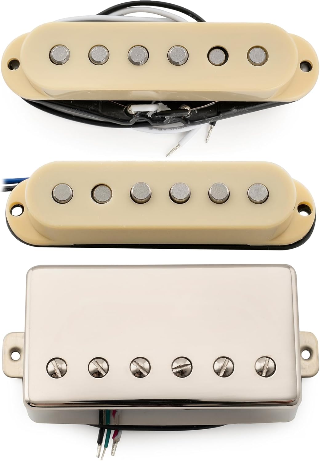Musiclily Pro ST-60SE Alnico 5 Staggered Single Coil Pickups and Covered Humbucker ST-HSS Neck Middle Bridge Pickups Set for Strat Style Electric Guitar, Cream