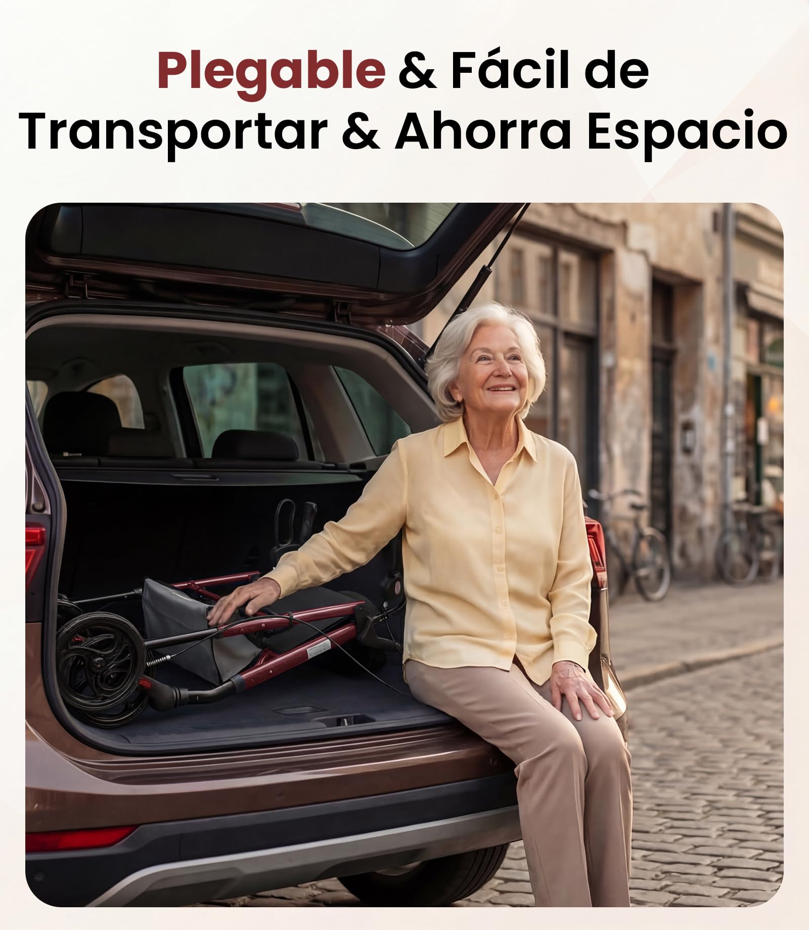Andador para Ancianos con Asiento Plegable, Manillar y Asiento Regulables en Altura, Caminadores para Mayores, Ayuda para Caminar Ligera con Freno, Ruedas 8" Todoterreno, Rojo Oscuro